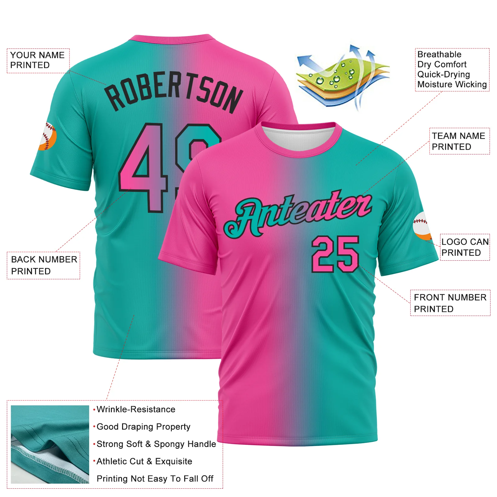 Custom Aqua Pink-Black Gradient Fashion Performance T-Shirt - Image 2