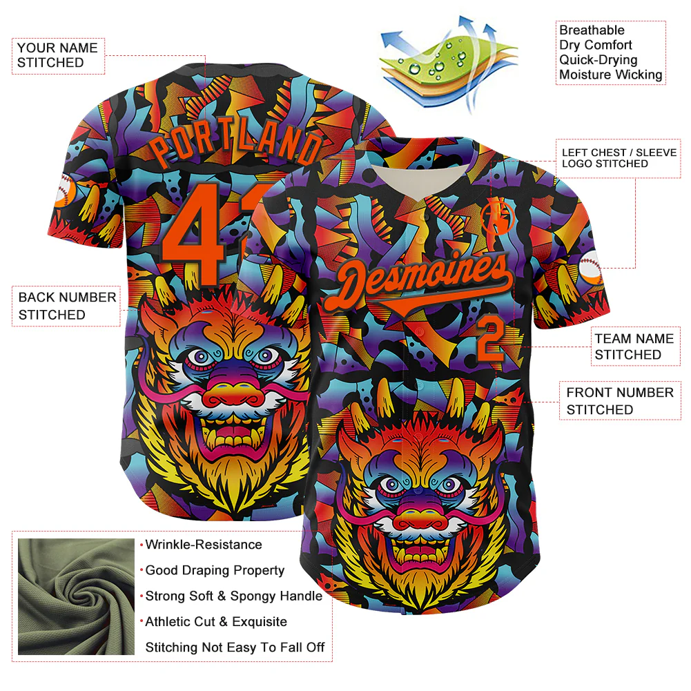 Custom Black Orange 3D Geo Law Dragon Mask Authentic Baseball Jersey - Image 3