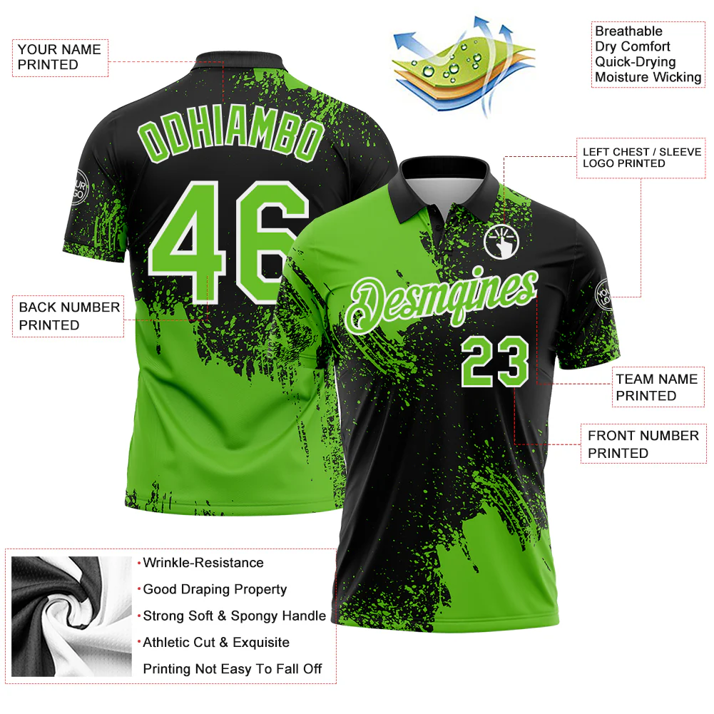 Custom Aurora Green Black-White 3D Pattern Design Abstract Brush Stroke Performance Polo Shirt - Image 3