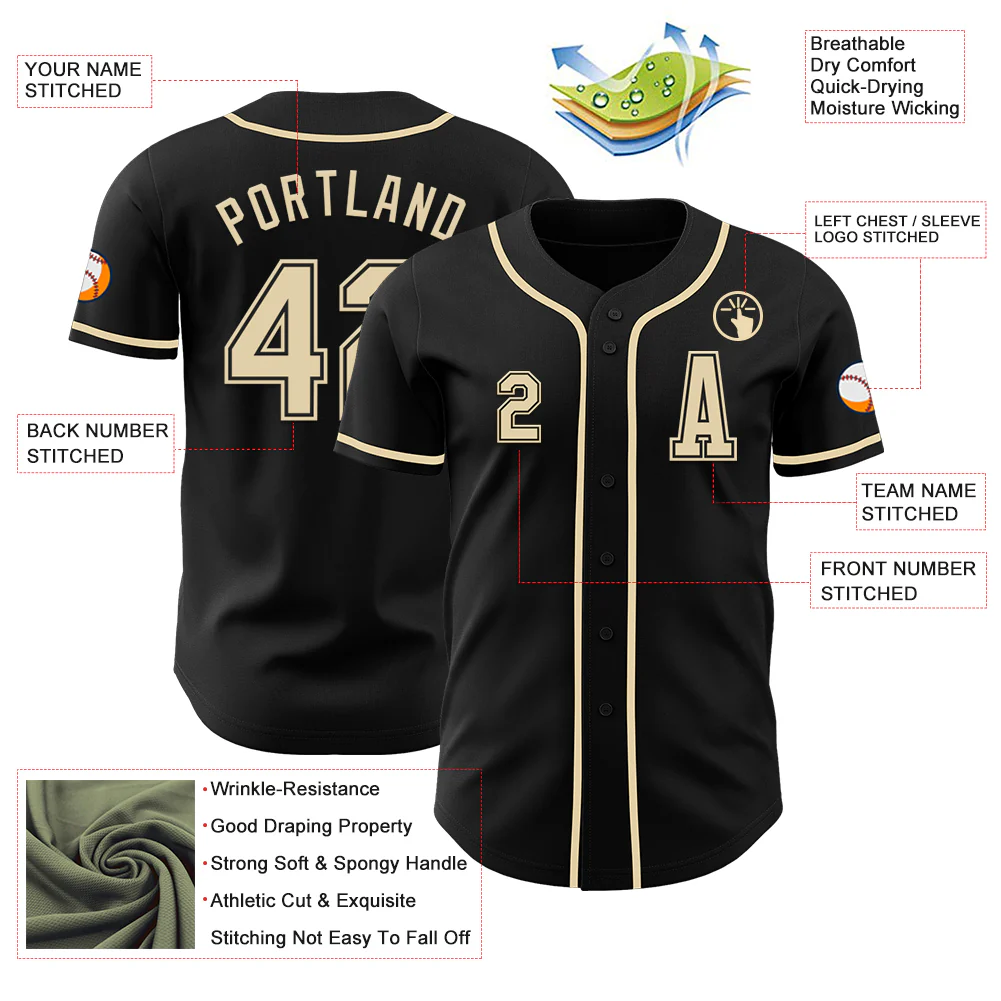 Custom Black Cream Authentic Baseball Jersey - Image 2