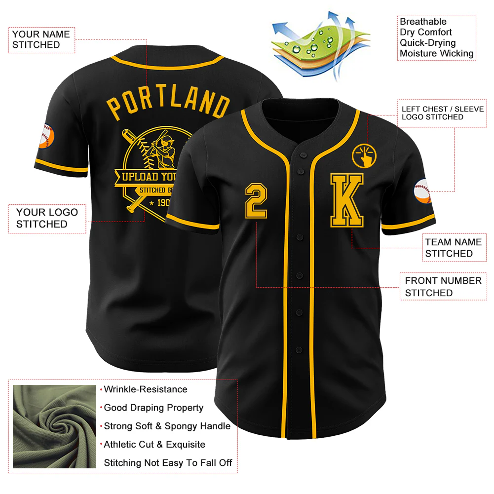 Custom Black Gold Authentic Baseball Jersey - Image 6