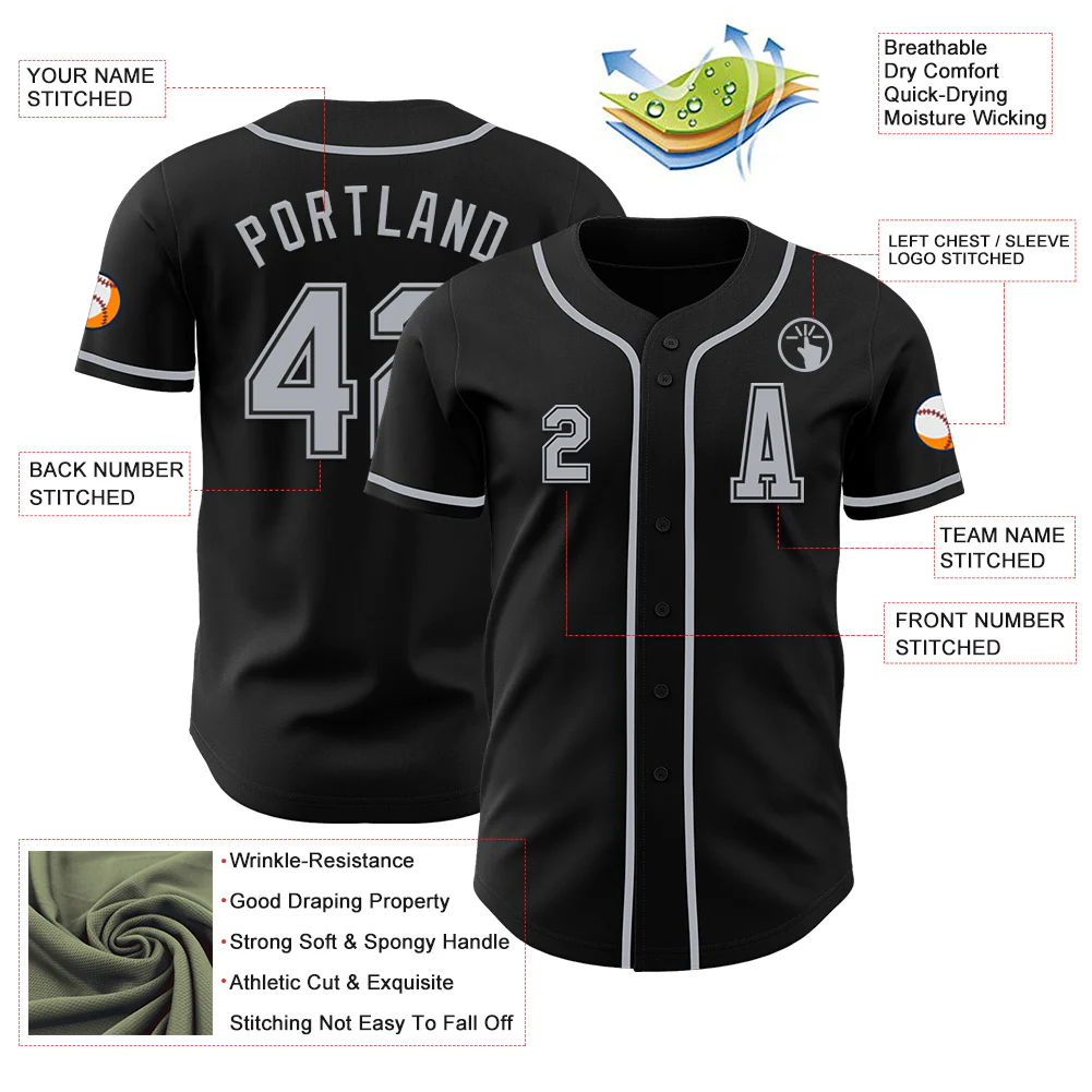 Custom Black Gray Authentic Baseball Jersey - Image 2