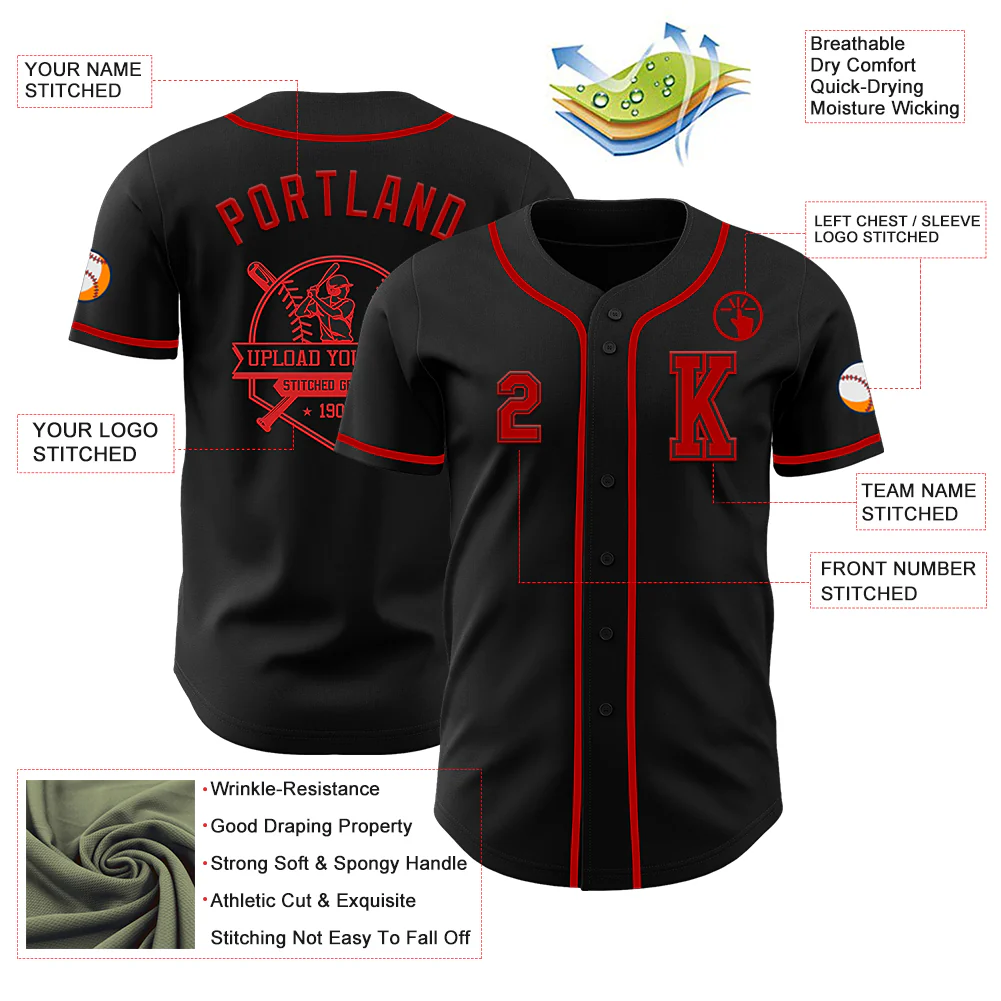 Custom Black Red Authentic Baseball Jersey - Image 6