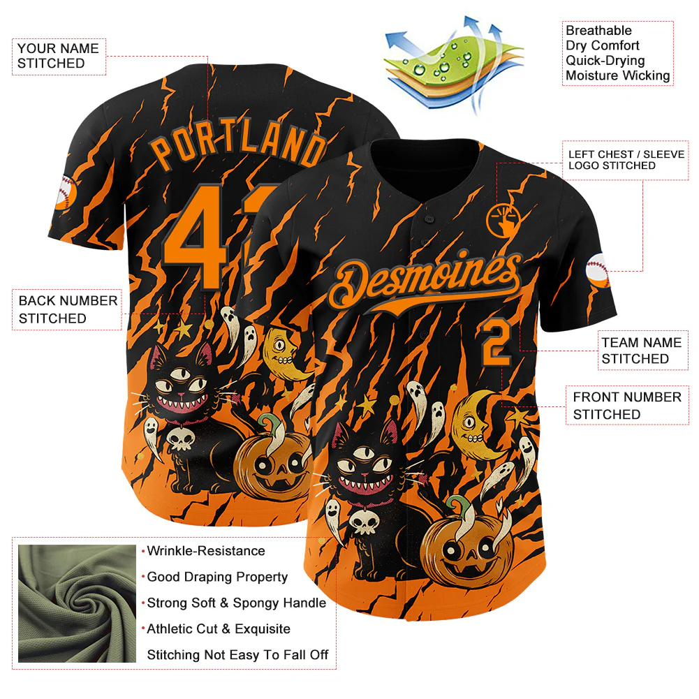 Custom Black Bay Orange 3D Halloween Pumpkin Scary Doodle Party Costume Ideas Authentic Baseball Jersey - Image 3