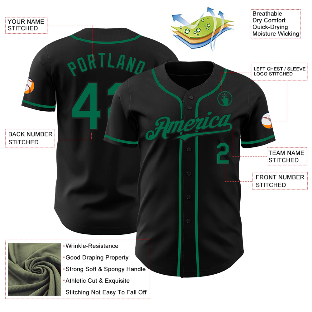 Custom Black Kelly Green Authentic Baseball Jersey - Image 3