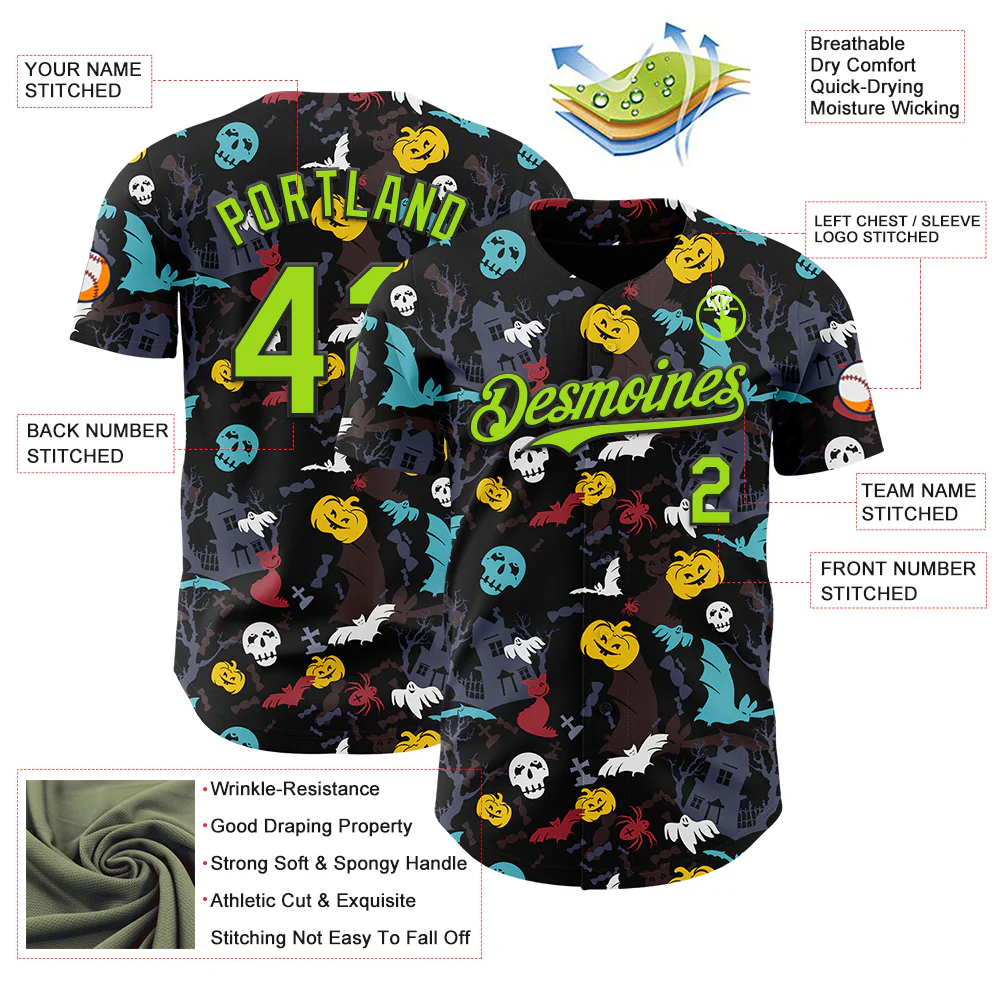Custom Black Neon Green 3D Halloween Skull Pumpkin Doodle Party Costume Ideas Authentic Baseball Jersey - Image 3