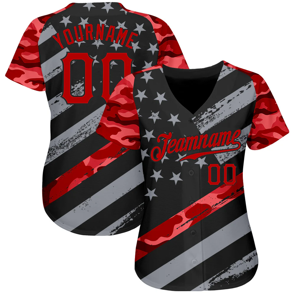 Custom Black Red American Flag Patriotic Camo Raglan Sleeves Authentic Baseball Jersey - Image 2