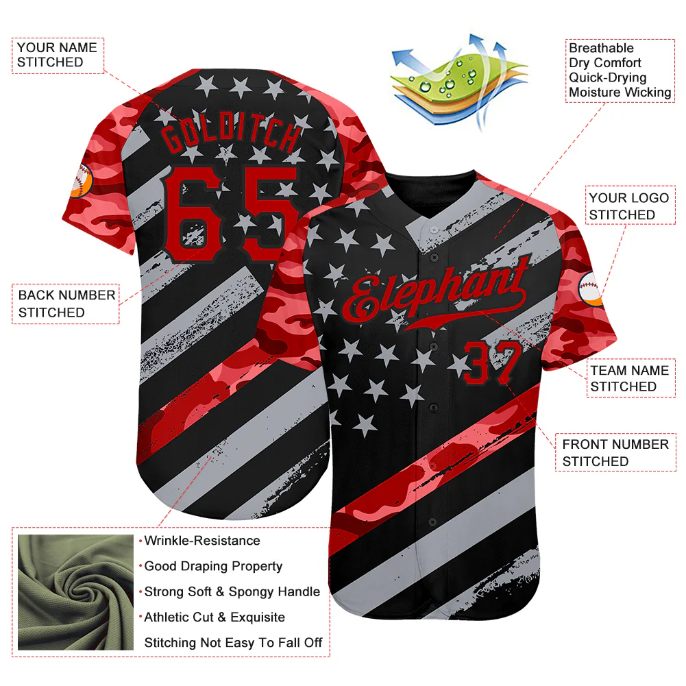 Custom Black Red American Flag Patriotic Camo Raglan Sleeves Authentic Baseball Jersey - Image 3