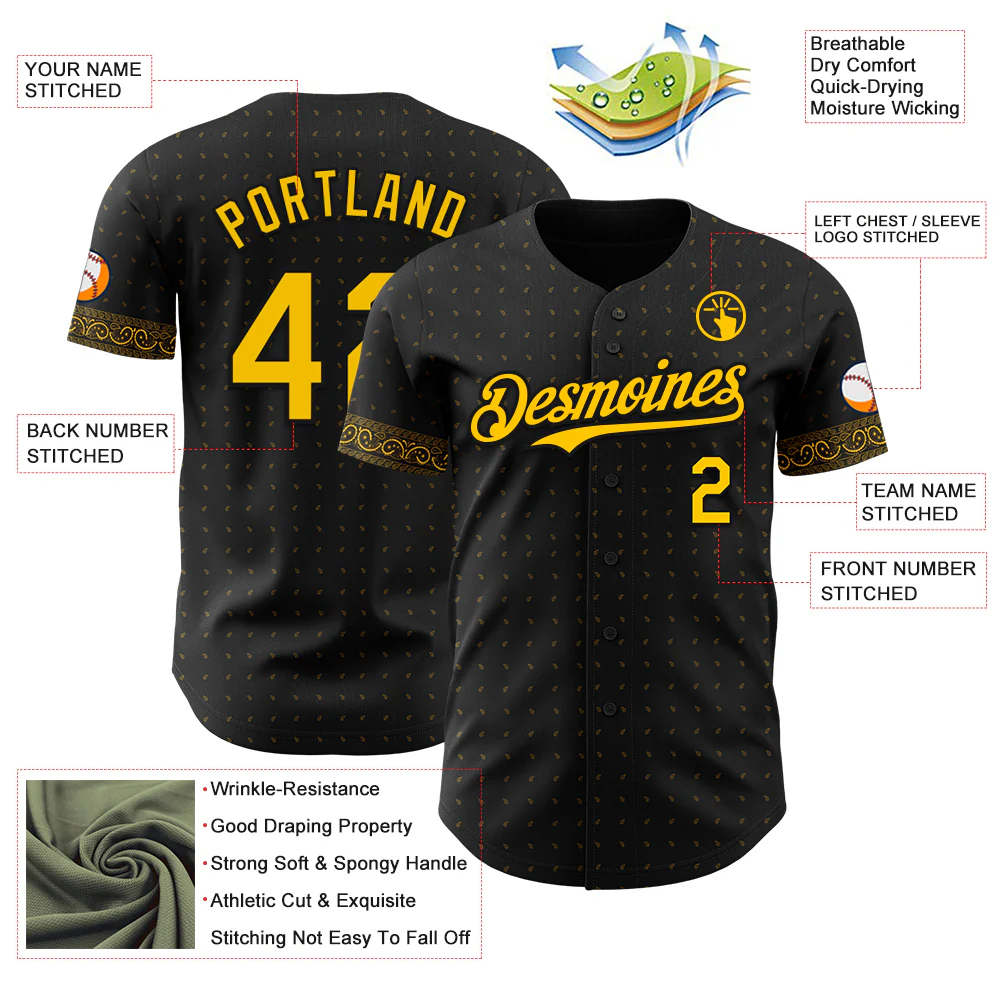 Custom Black Yellow Rave Party Ethnic Paisley Bandana Authentic Baseball Jersey - Image 3