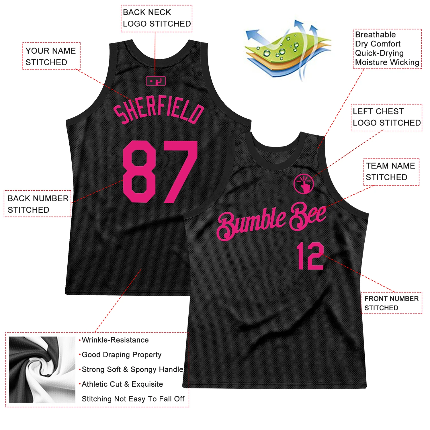 Custom Black Hot Pink Authentic Throwback Basketball Jersey - Image 2