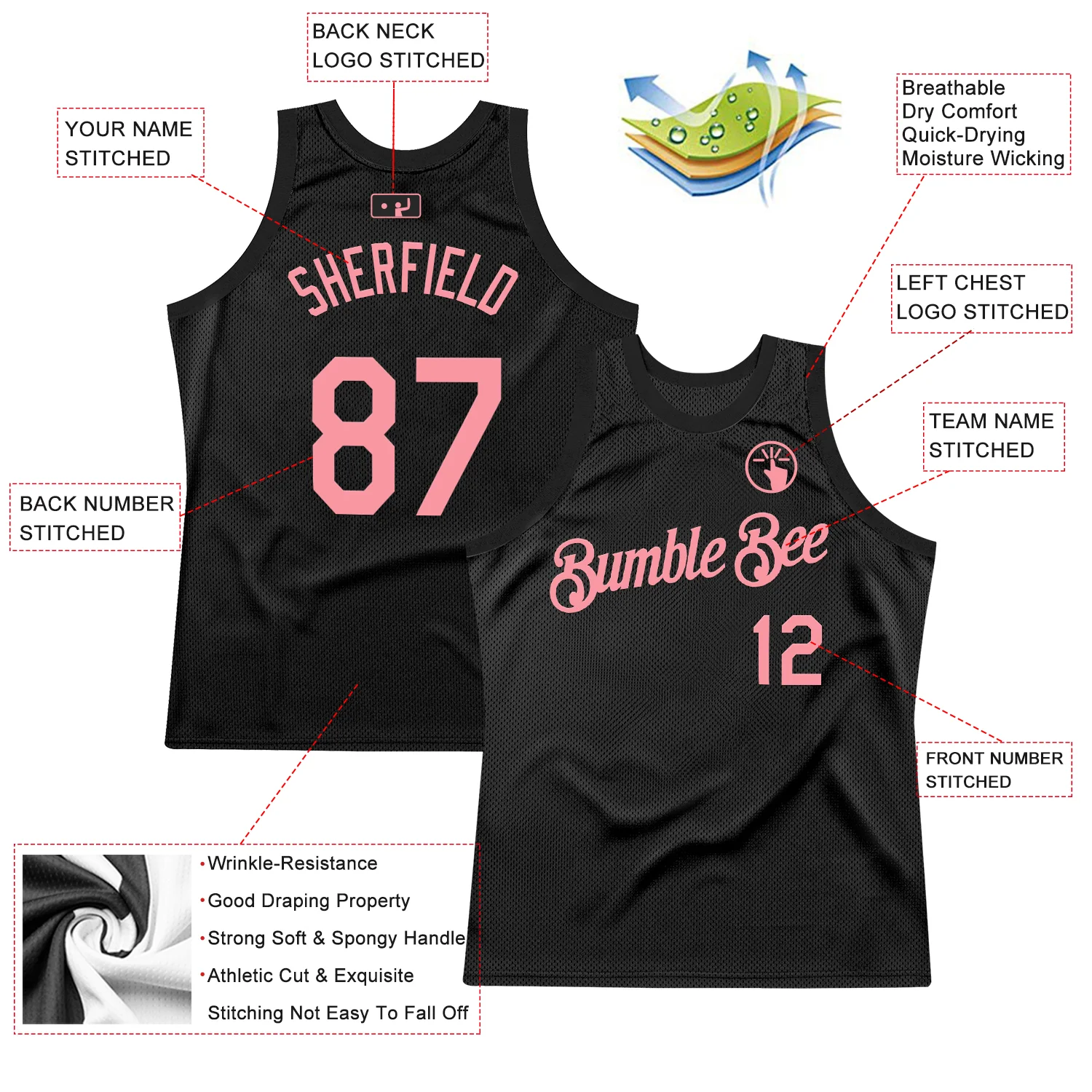 Custom Black Medium Pink Authentic Throwback Basketball Jersey - Image 2