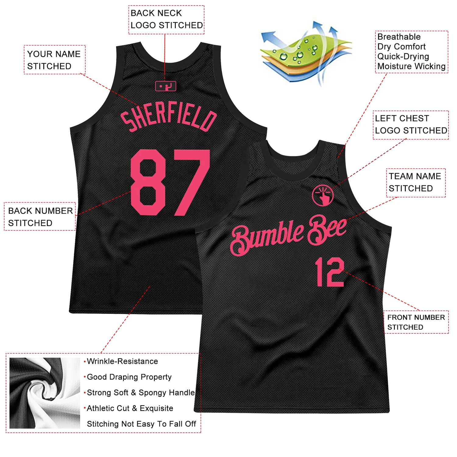 Custom Black Neon Pink Authentic Throwback Basketball Jersey - Image 2