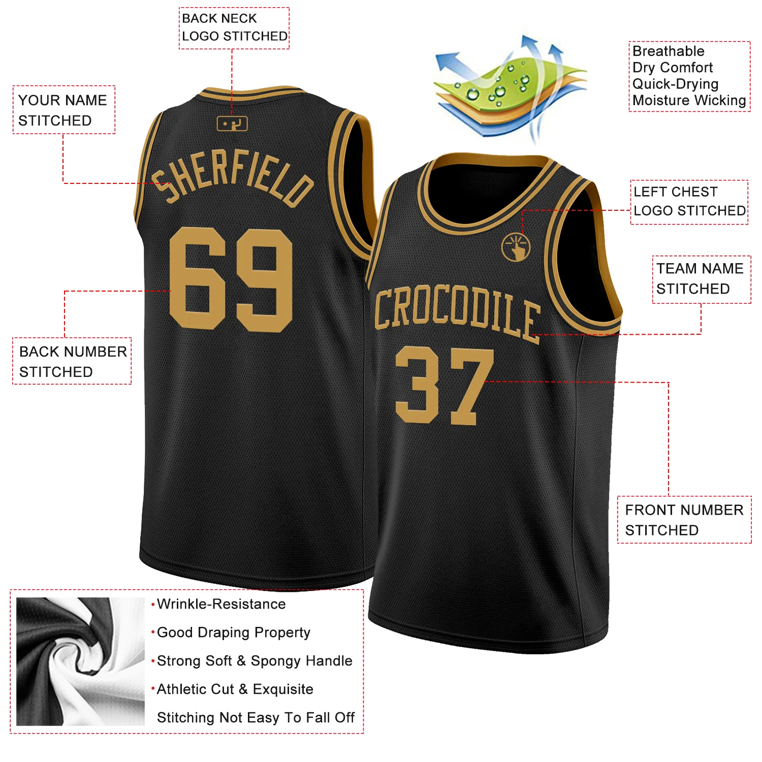 Custom Black Old Gold Authentic Basketball Jersey - Image 2