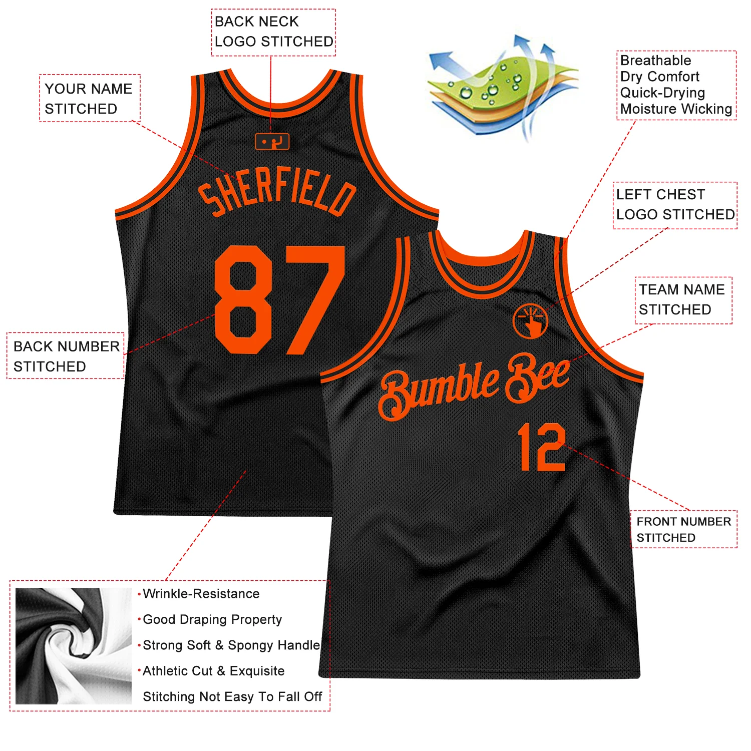 Custom Black Orange Authentic Throwback Basketball Jersey - Image 2