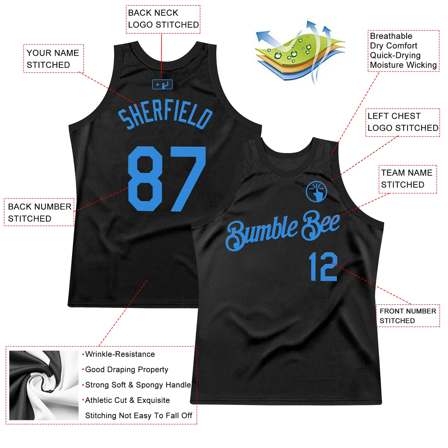 Custom Black Powder Blue Authentic Throwback Basketball Jersey - Image 2
