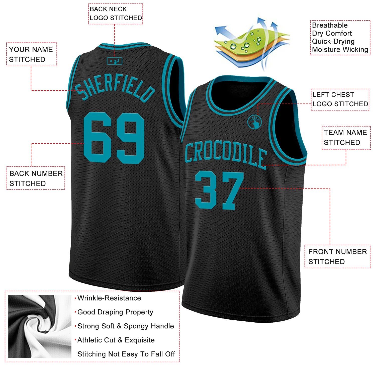 Custom Black Teal Authentic Basketball Jersey - Image 2