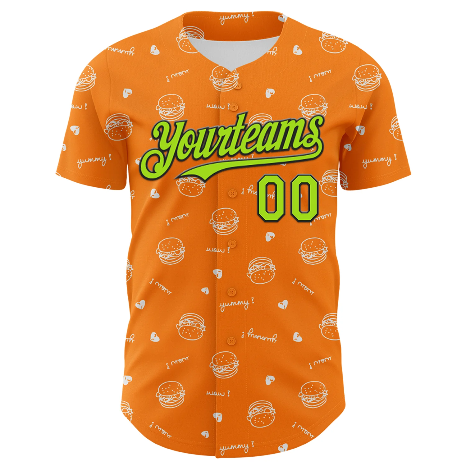 Custom Bay Orange Neon Green-Black 3D Pattern Design Foodie Fast Food Burger Authentic Baseball Jersey - Image 2