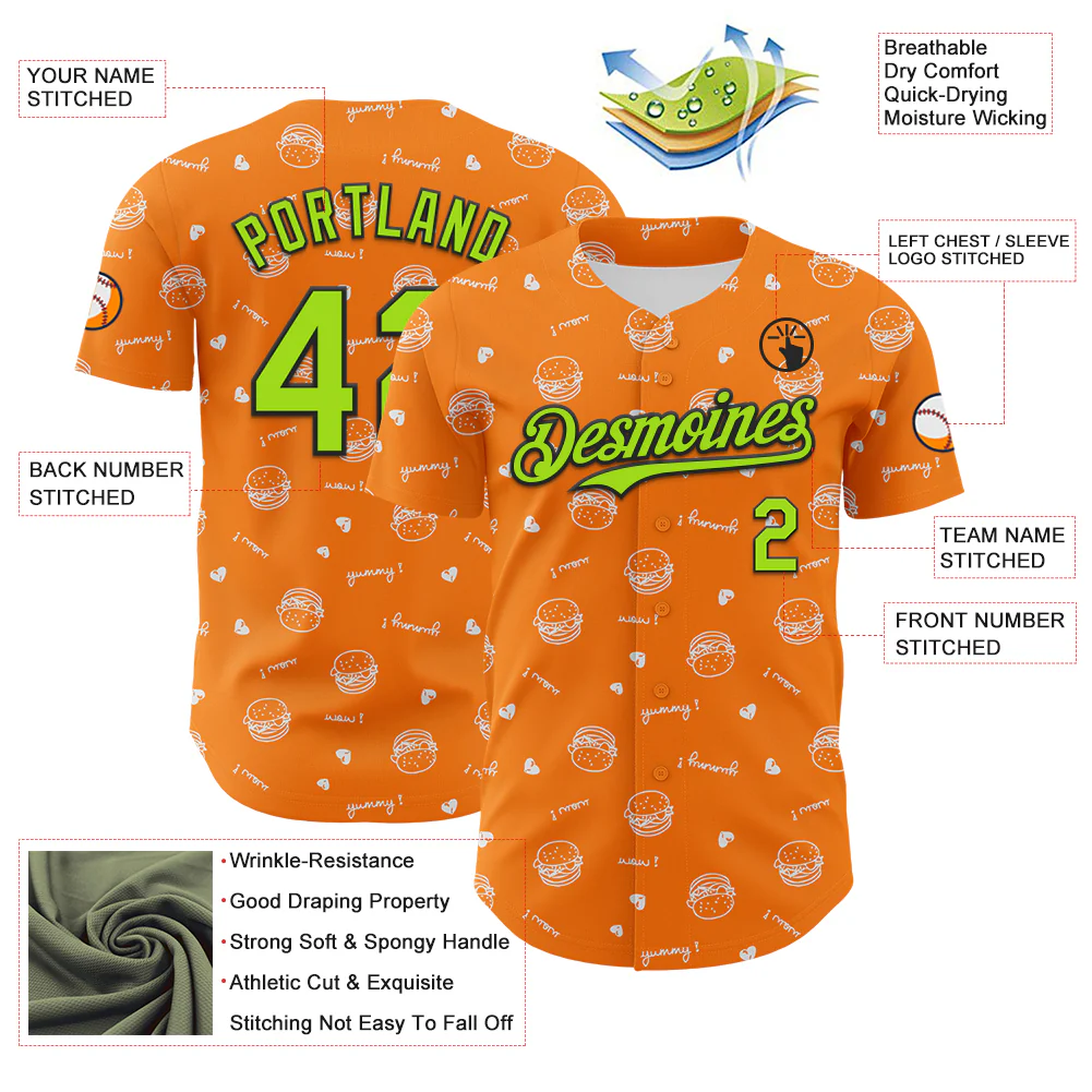 Custom Bay Orange Neon Green-Black 3D Pattern Design Foodie Fast Food Burger Authentic Baseball Jersey - Image 3