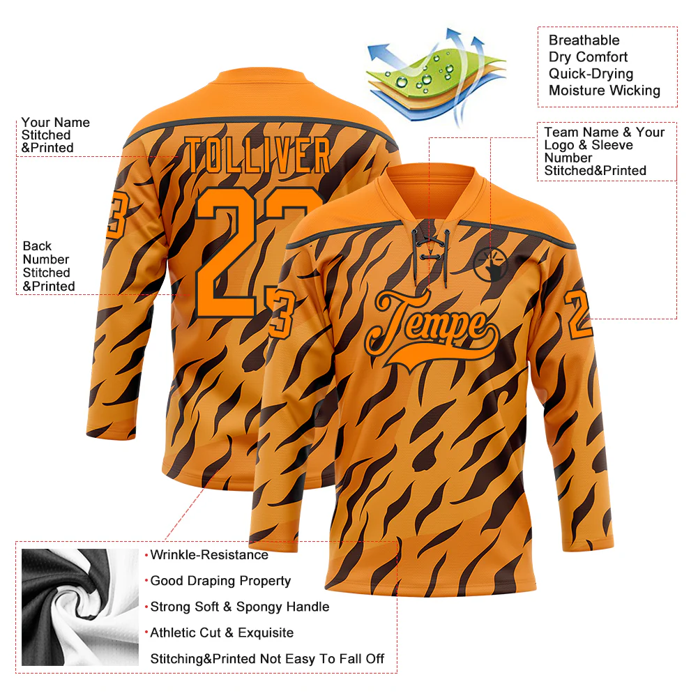 Custom Bay Orange Black Tiger Print Neon Hockey Lace Neck Jersey - Image 5