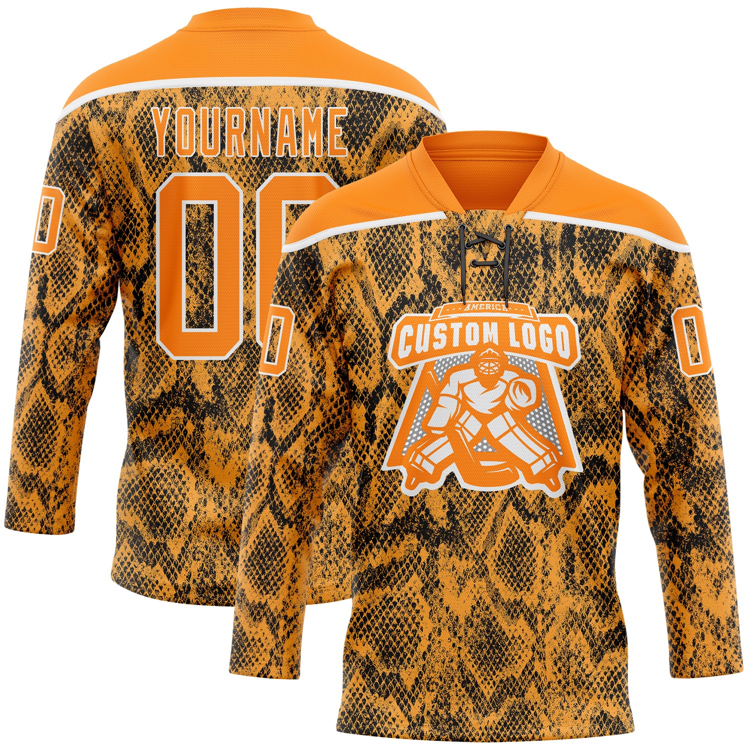 Custom Bay Orange Black-White Snake Skin Print Hockey Lace Neck Jersey - Image 2
