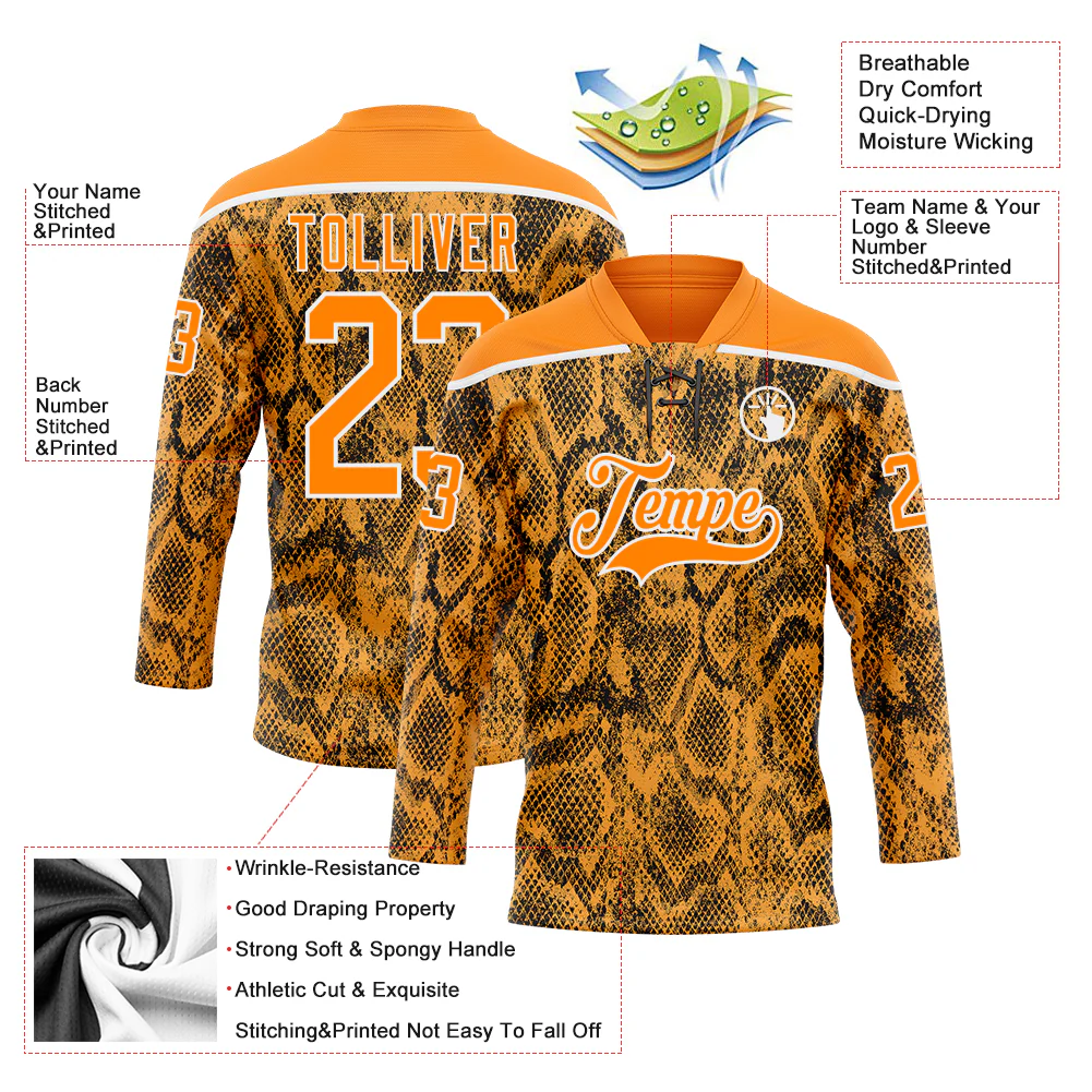 Custom Bay Orange Black-White Snake Skin Print Hockey Lace Neck Jersey - Image 5