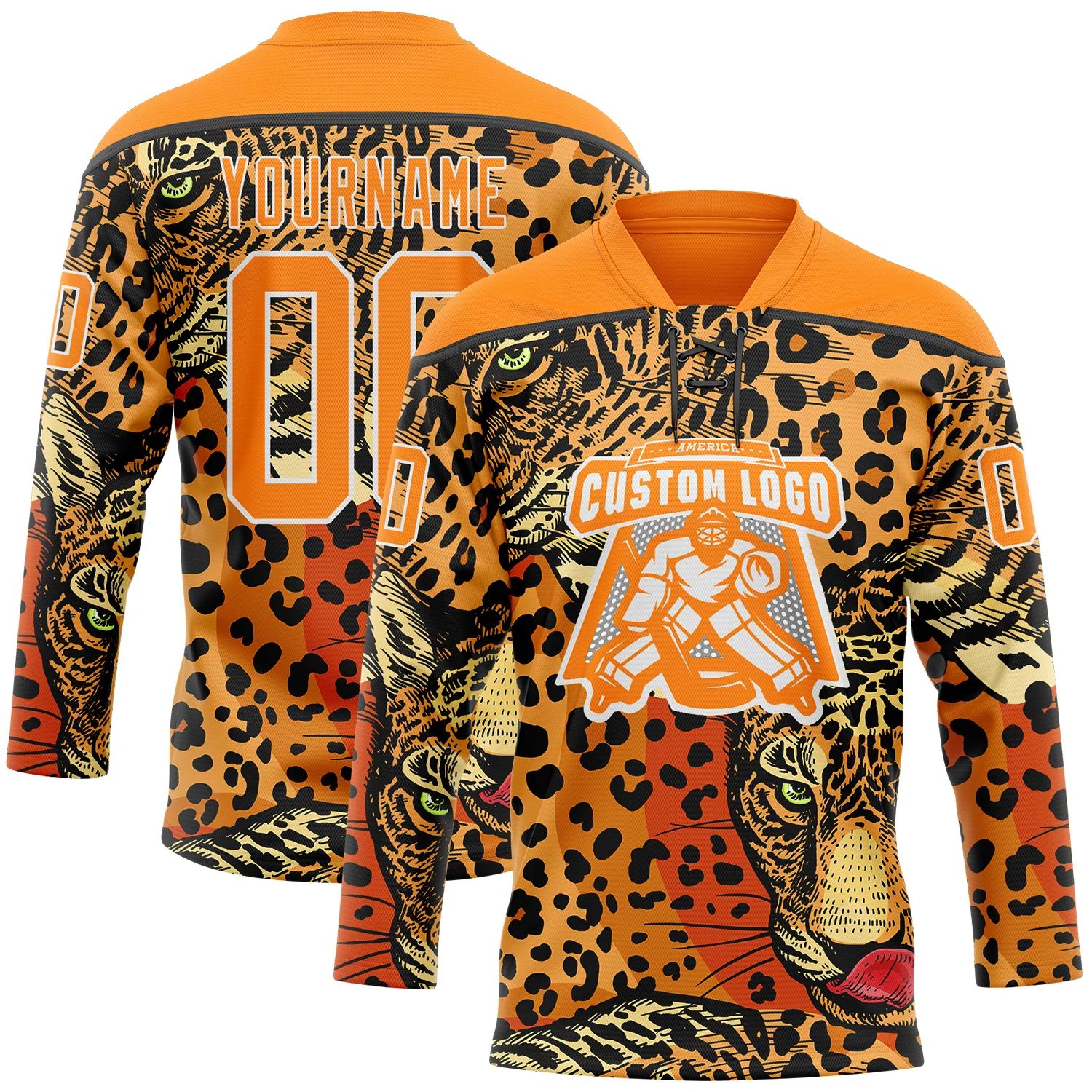 Custom Bay Orange Black-White Leopard Print Hockey Lace Neck Jersey - Image 2