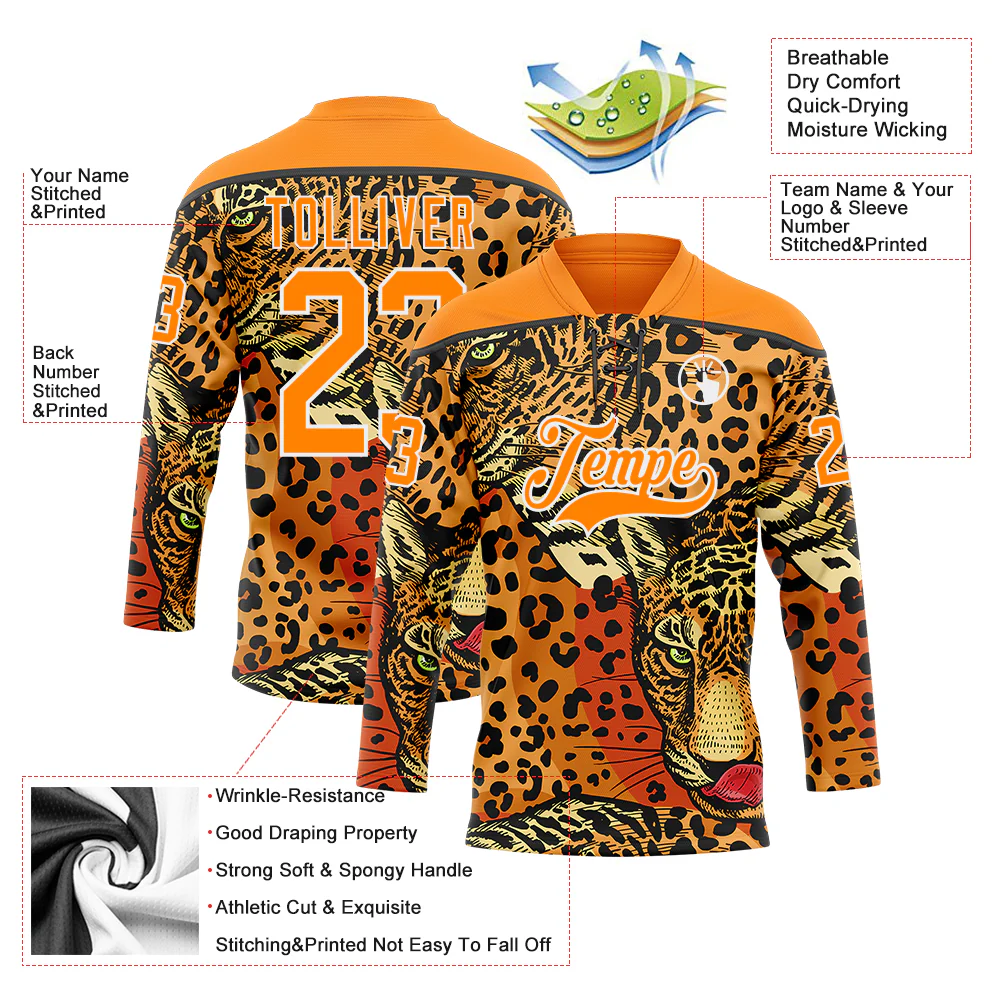 Custom Bay Orange Black-White Leopard Print Hockey Lace Neck Jersey - Image 5