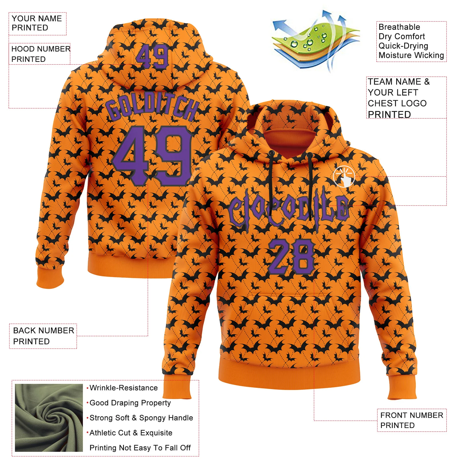 Custom Bay Orange Purple-Black 3D Halloween Bat Party Costume Ideas Sports Pullover Sweatshirt Hoodie - Image 2