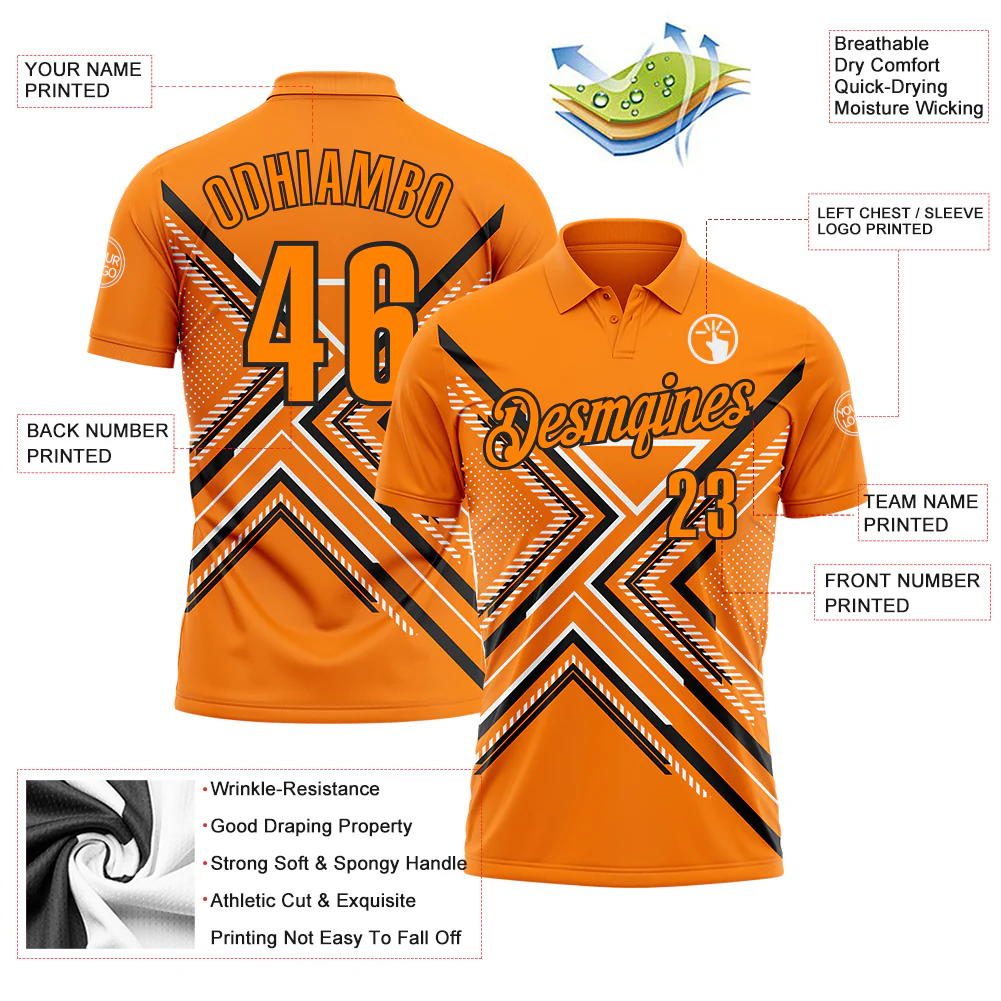 Custom Bay Orange Black-White 3D Pattern Design Geometric Shapes Performance Polo Shirt - Image 3