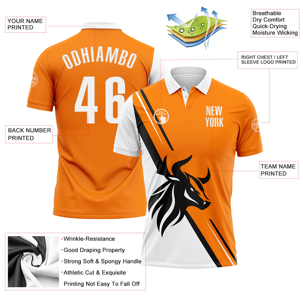 Custom Bay Orange White-Black 3D Pattern Design Animal Bull Performance Polo Shirt - Image 3