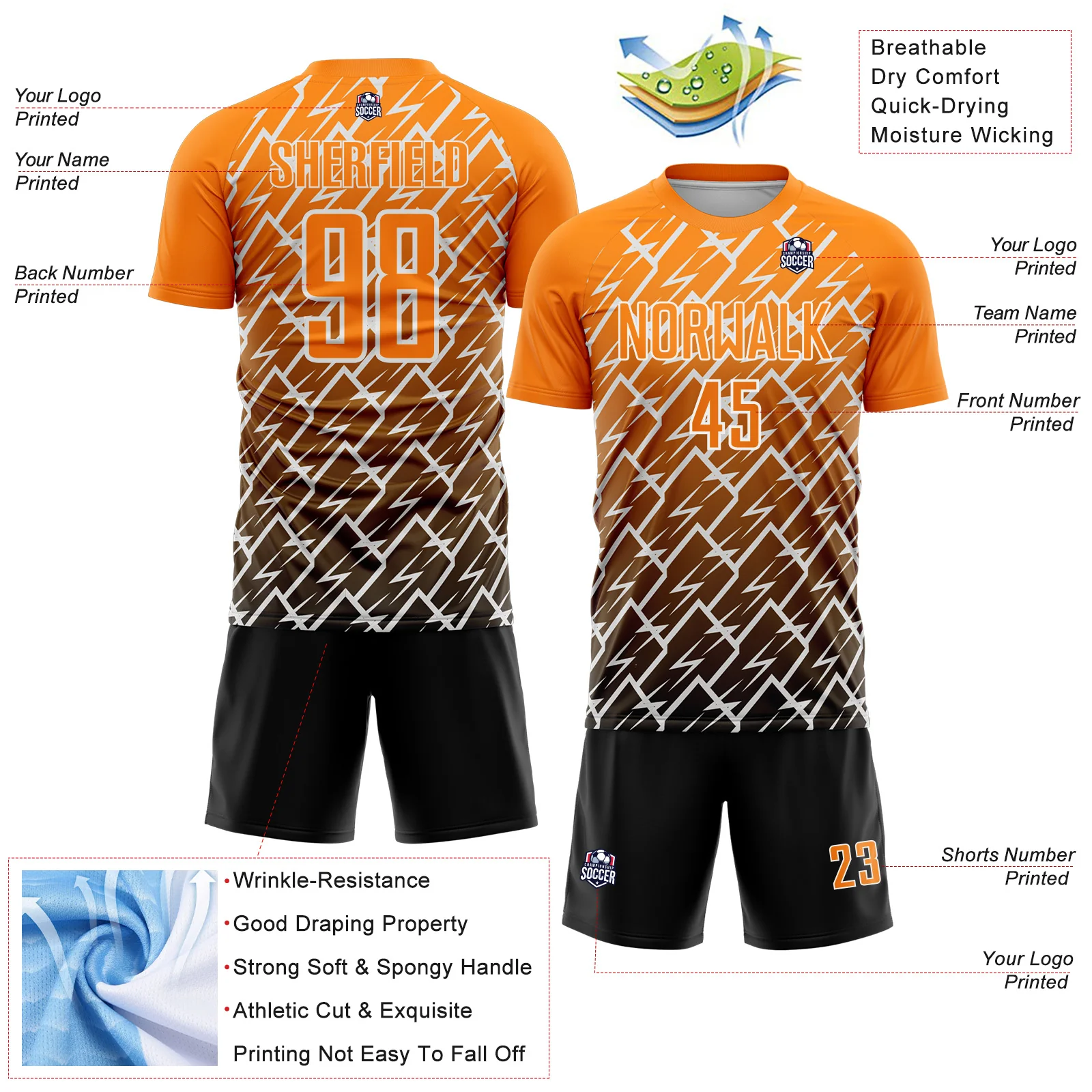 Custom Bay Orange Black-White Lightning Sports Sublimation Soccer Uniform Jersey - Image 4
