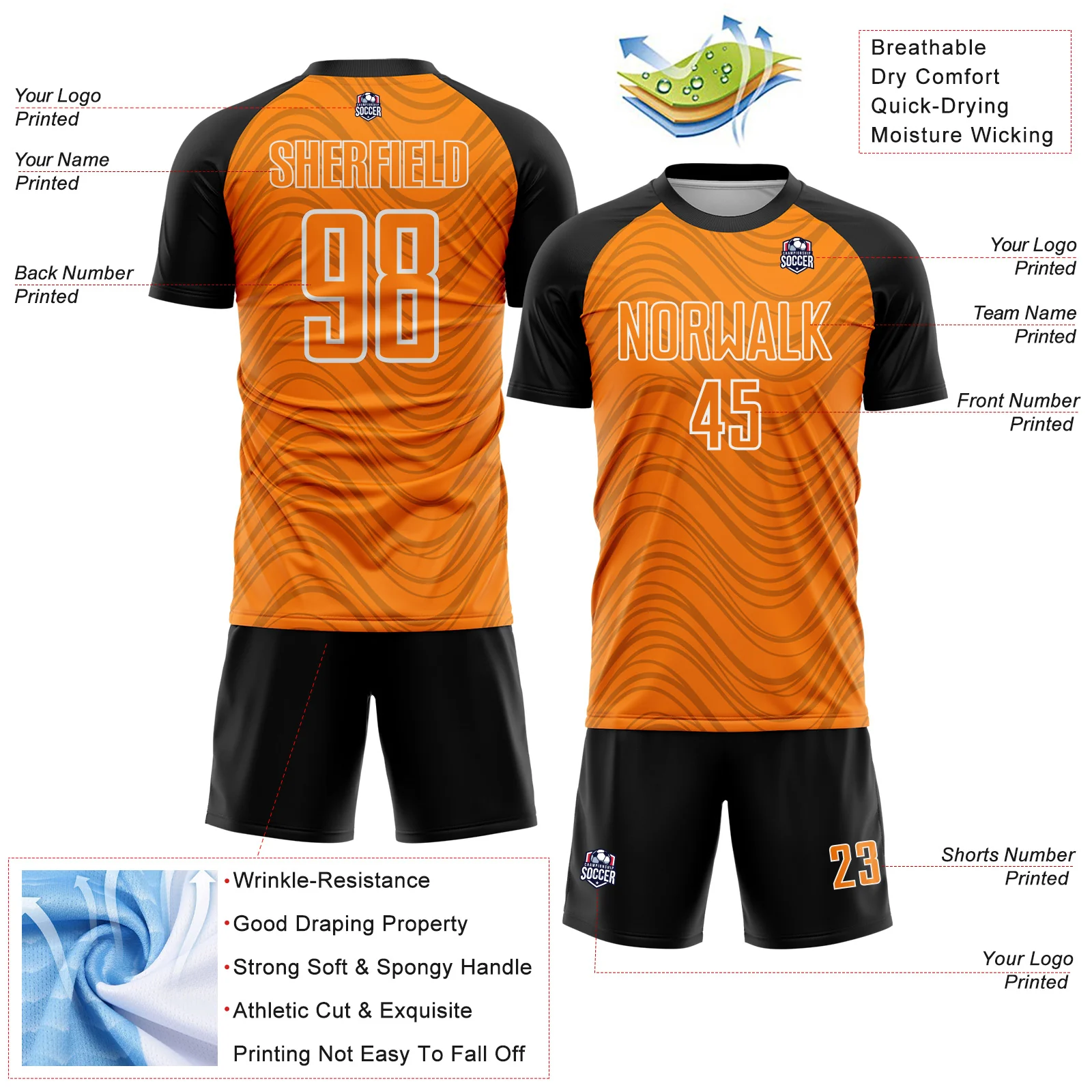 Custom Bay Orange Black-White Wavy Lines Sports Sublimation Soccer Uniform Jersey - Image 4