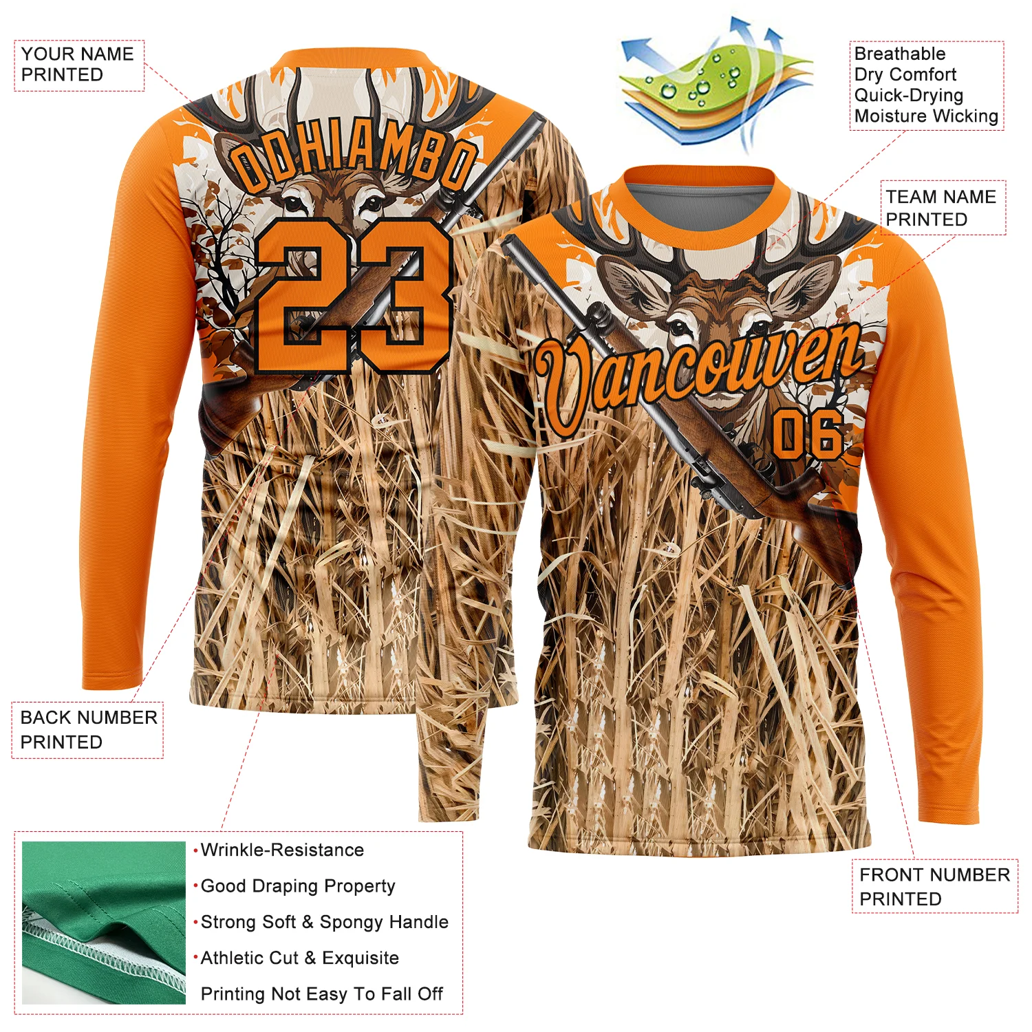 Custom Bay Orange Black 3D Animal Deer Hunting Tool Gun Long Sleeve Performance T-Shirt - Image 2