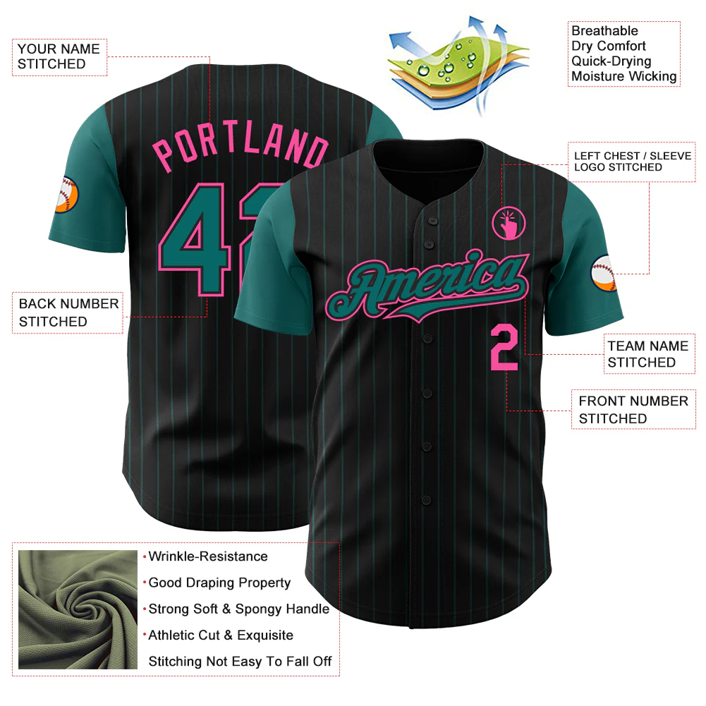 Custom Black Teal Pinstripe Pink Authentic Two Tone Baseball Jersey - Image 3