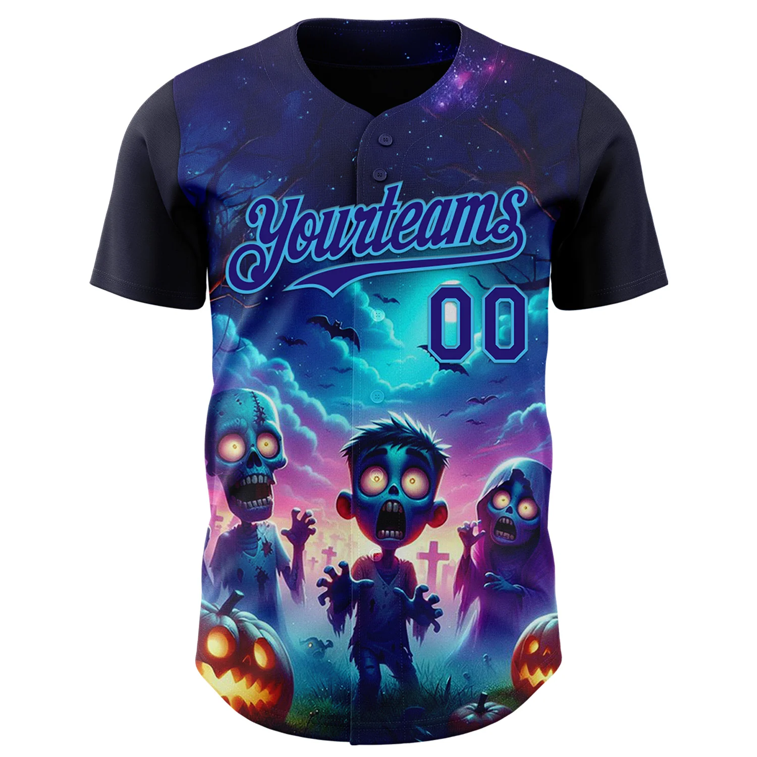 Custom Blue Dark Purple Black-Sky Blue 3D Halloween Spooky Pumpkin Zombies Authentic Baseball Jersey - Image 2