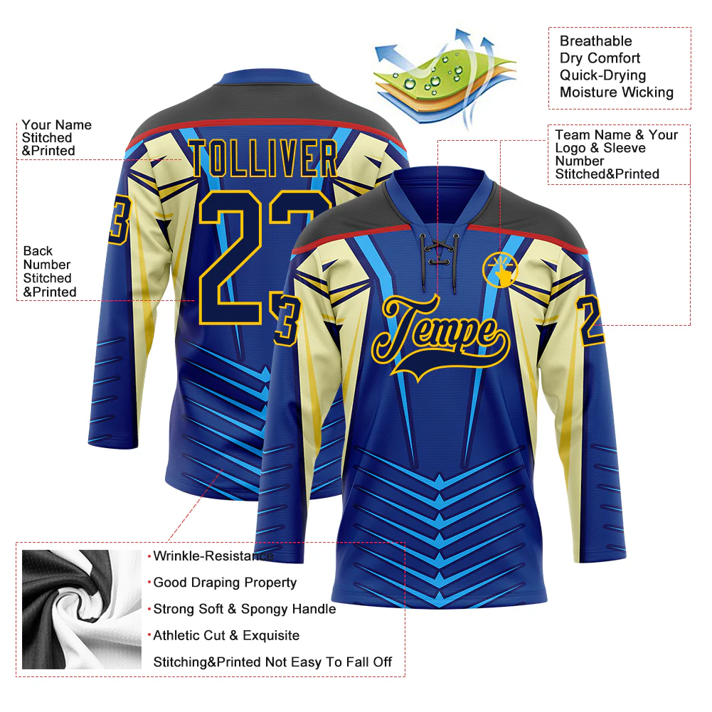 Custom Blue Navy Black Red-Yellow Abstract Pattern Graphic Cyber Mecha E-sport Hockey Lace Neck Jersey - Image 5