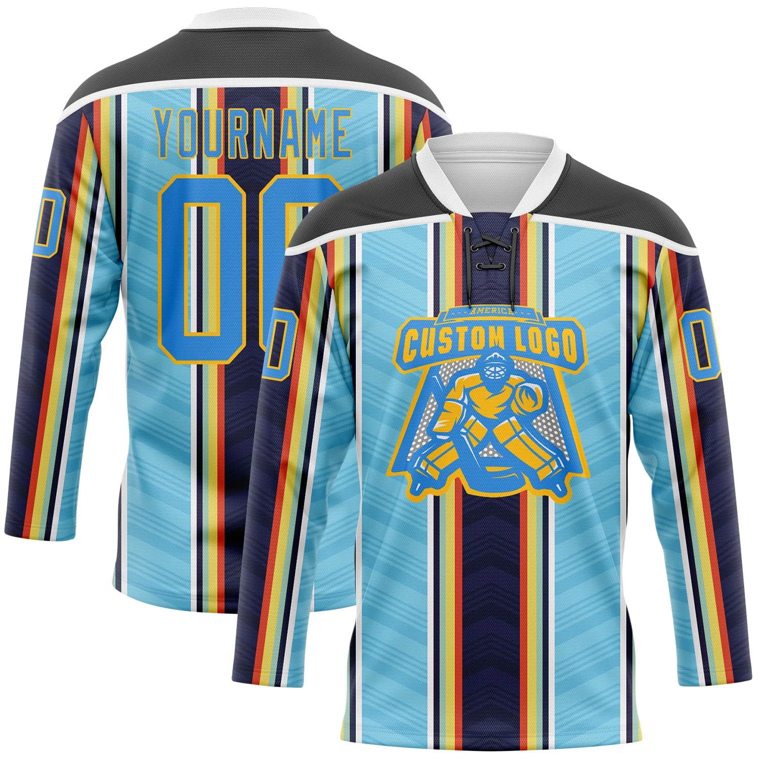 Custom Blue Powder Blue Black Red Gold-White Stripe Hockey Lace Neck Jersey - Image 2