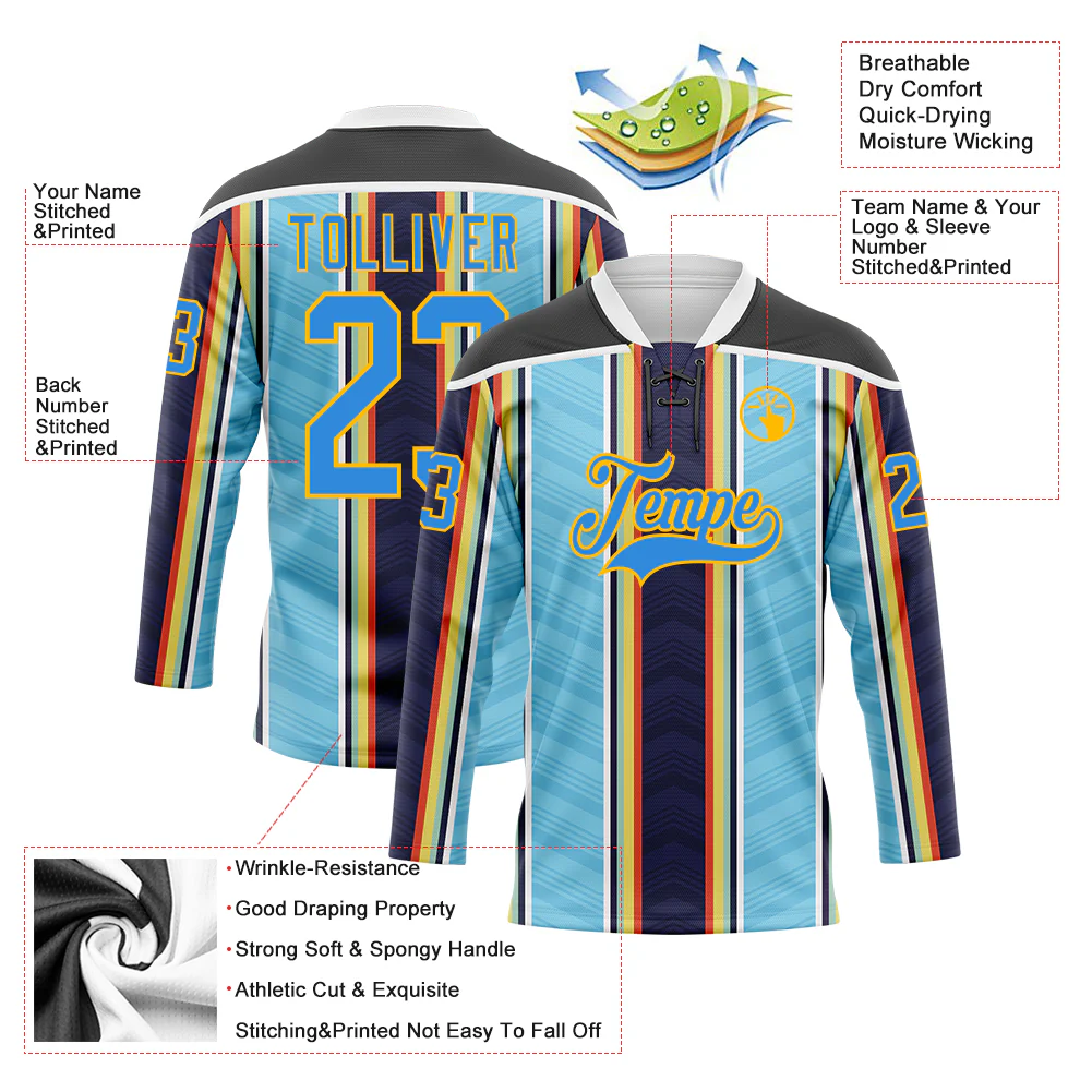 Custom Blue Powder Blue Black Red Gold-White Stripe Hockey Lace Neck Jersey - Image 5
