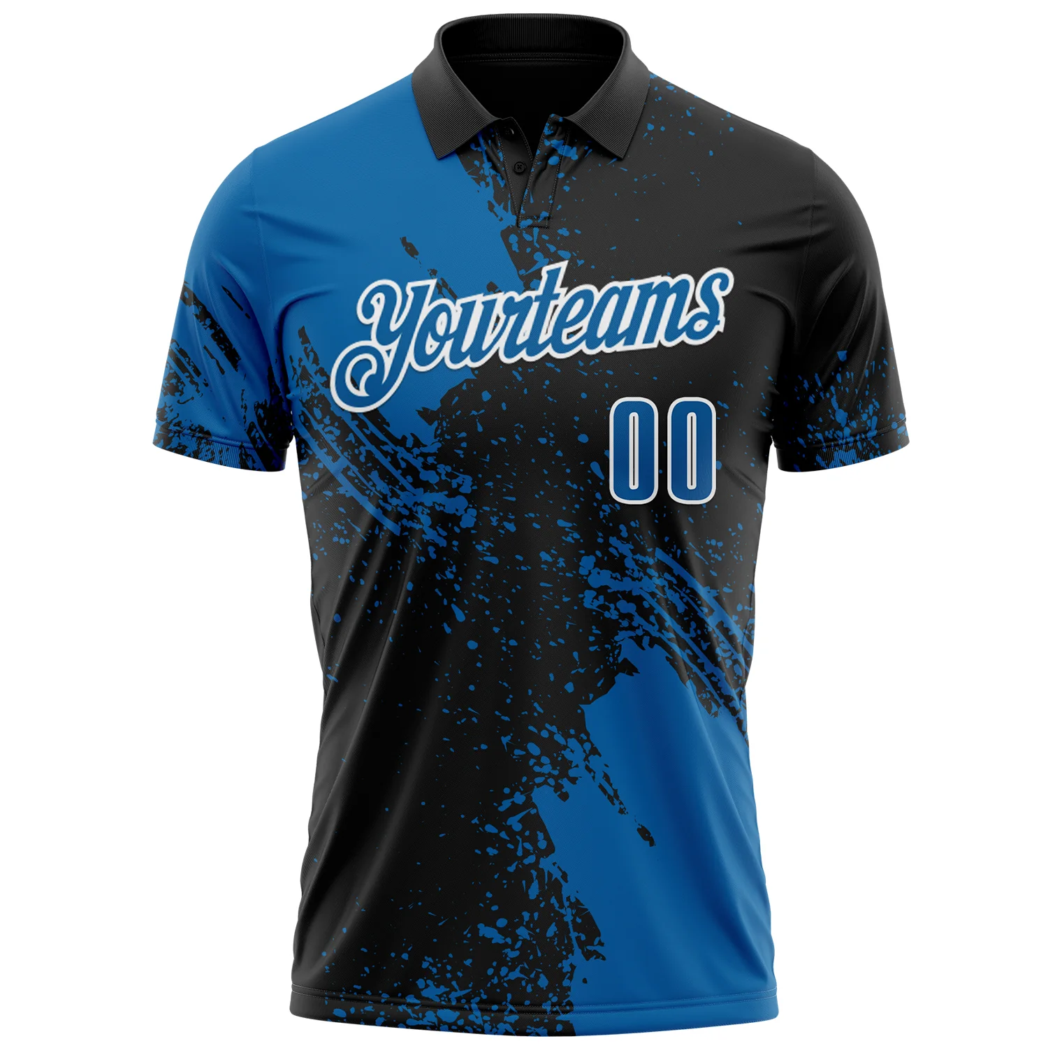 Custom Blue Black-White 3D Pattern Design Abstract Brush Stroke Performance Polo Shirt - Image 2