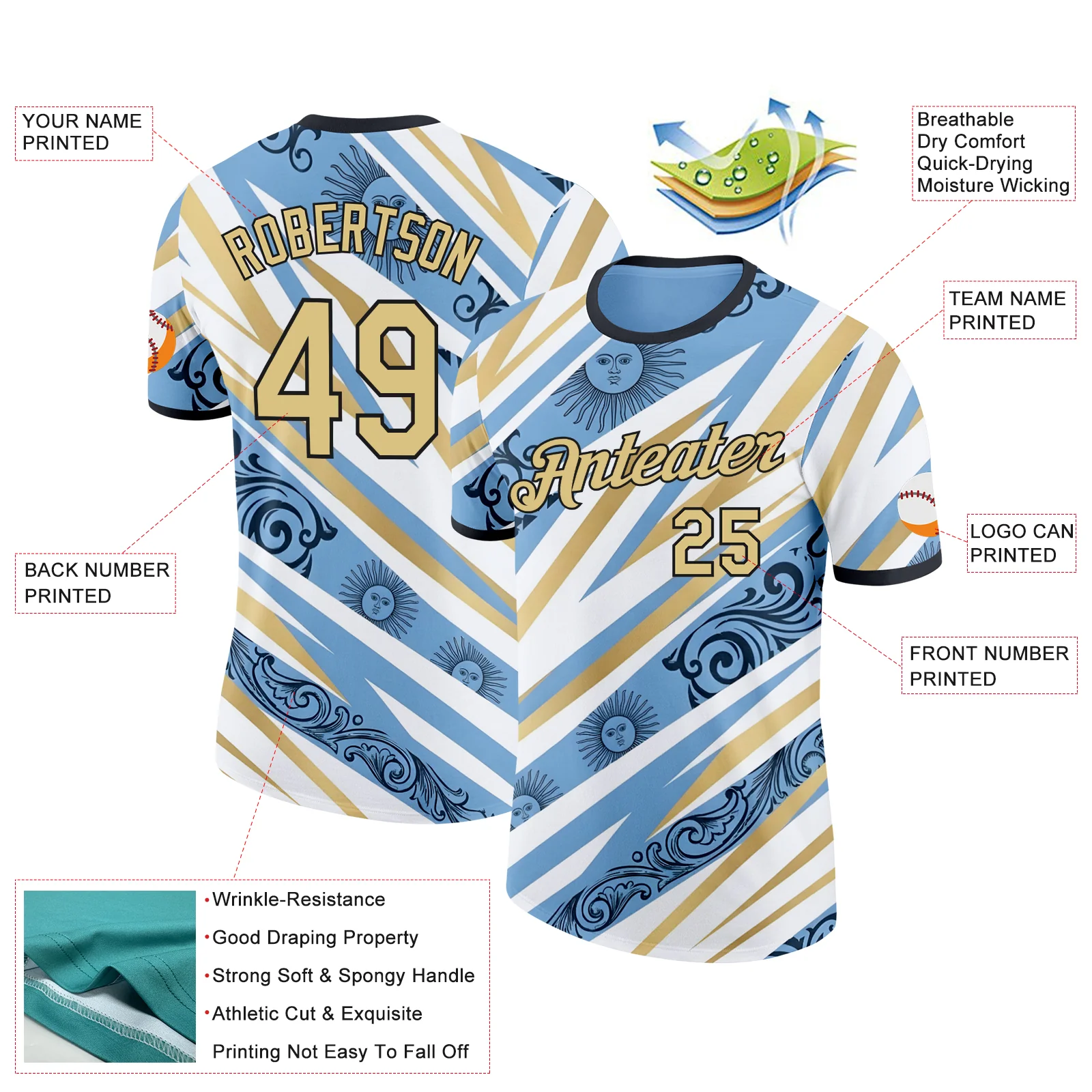 Custom Blue Vegas Gold Black-White Argentina Sun Line Soccer Jersey Performance T-Shirt - Image 2