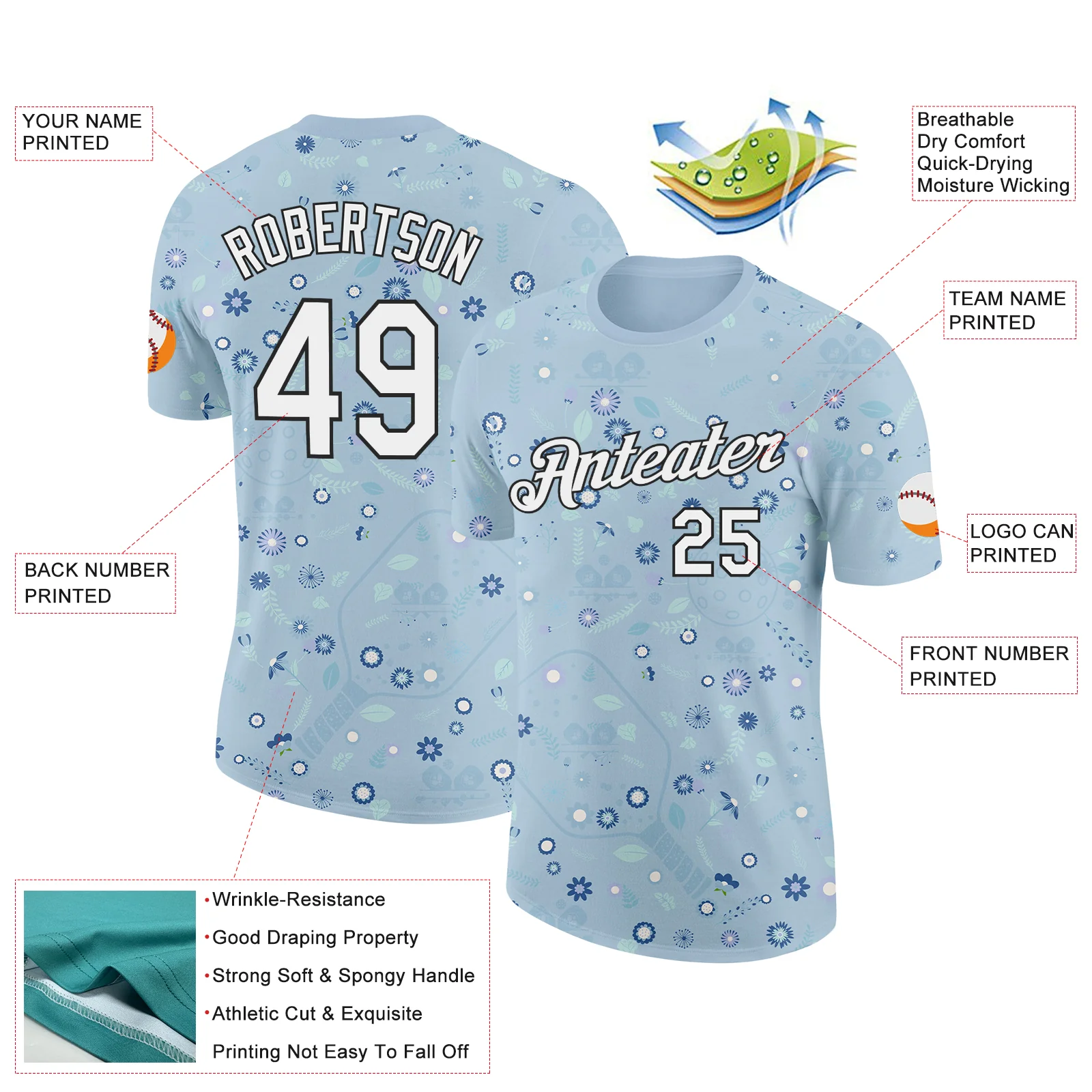 Custom Blue White-Black 3D Pickleball Paddles Balls Floral Performance T-Shirt - Image 2