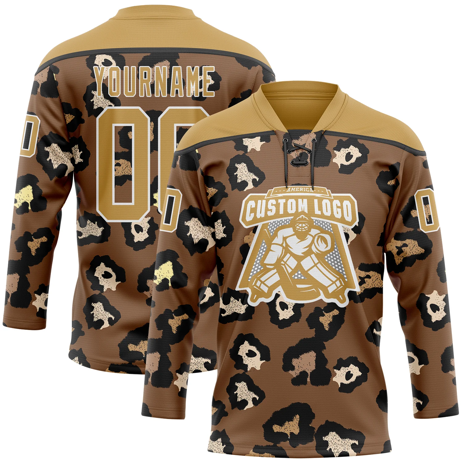 Custom Brown Old Gold Black-White Leopard Print Hockey Lace Neck Jersey - Image 2