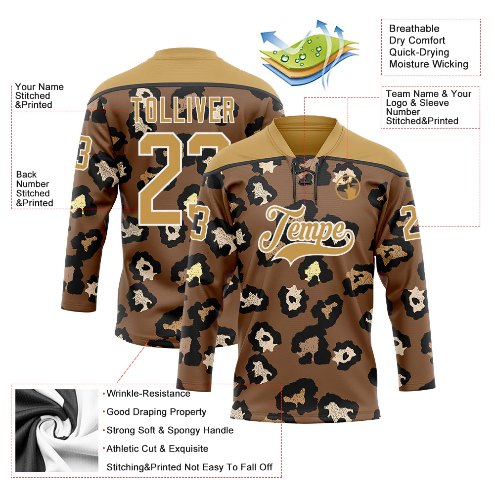 Custom Brown Old Gold Black-White Leopard Print Hockey Lace Neck Jersey - Image 5