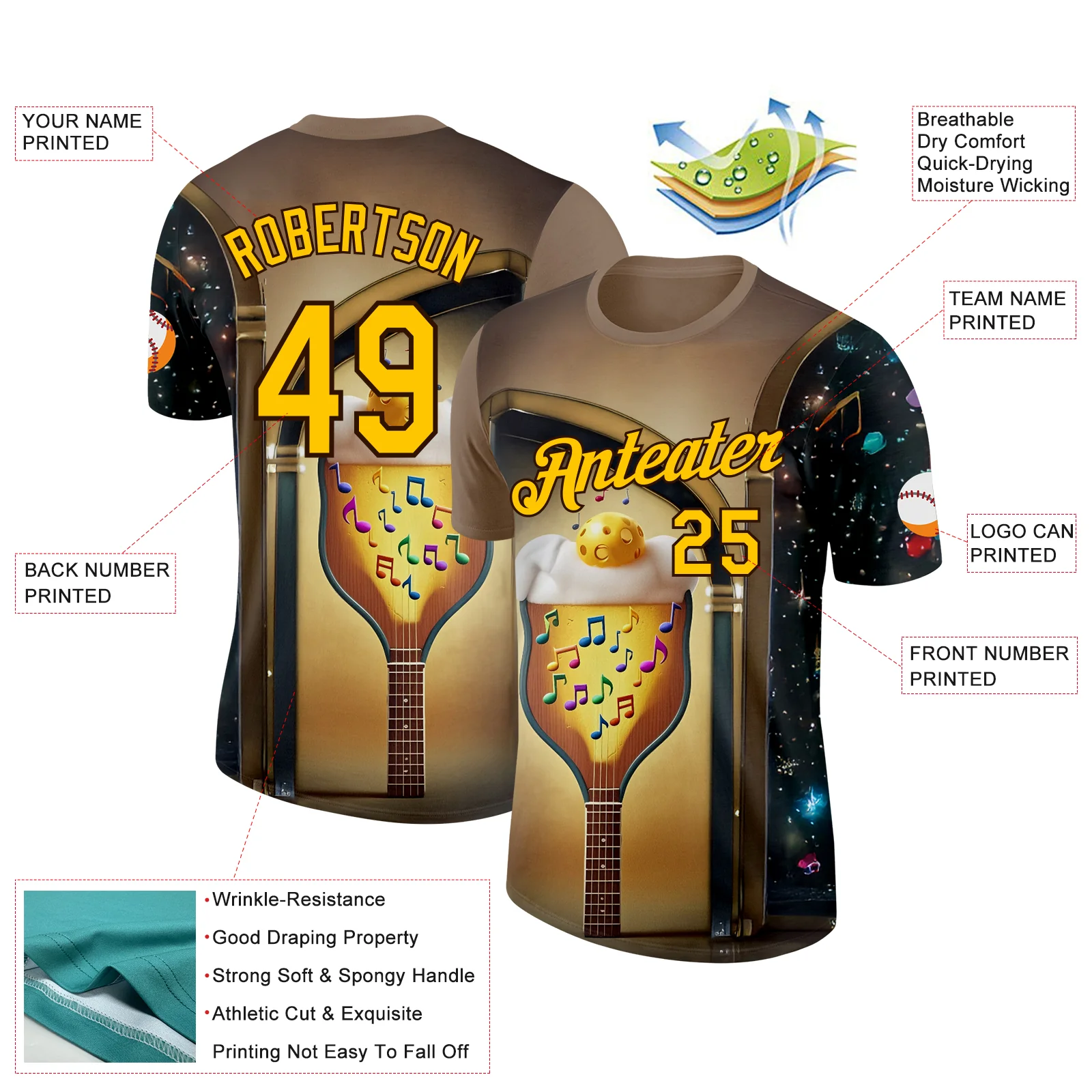 Custom Brown Yellow-Black 3D Funny Pickleball Paddles Balls Guitar Performance T-Shirt - Image 2