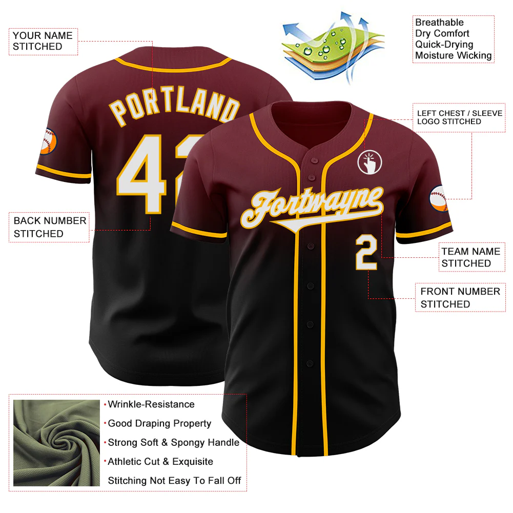 Custom Burgundy Black-Gold Authentic Fade Fashion Baseball Jersey - Image 3
