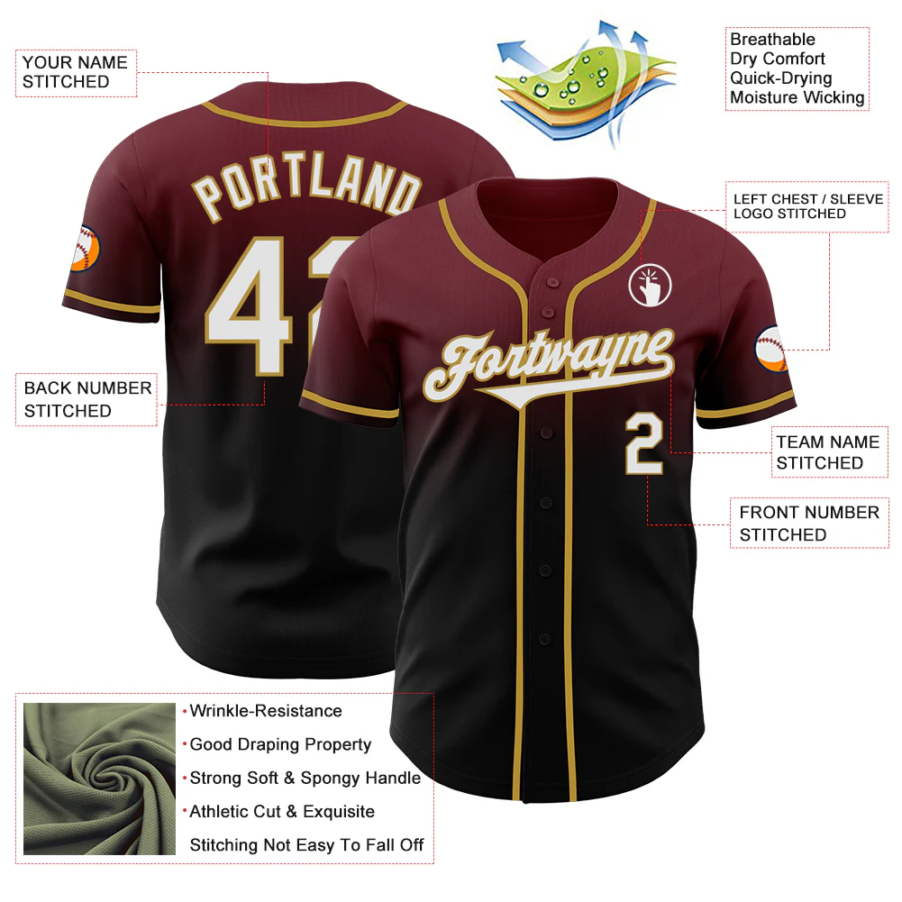 Custom Burgundy Black-Old Gold Authentic Fade Fashion Baseball Jersey - Image 3