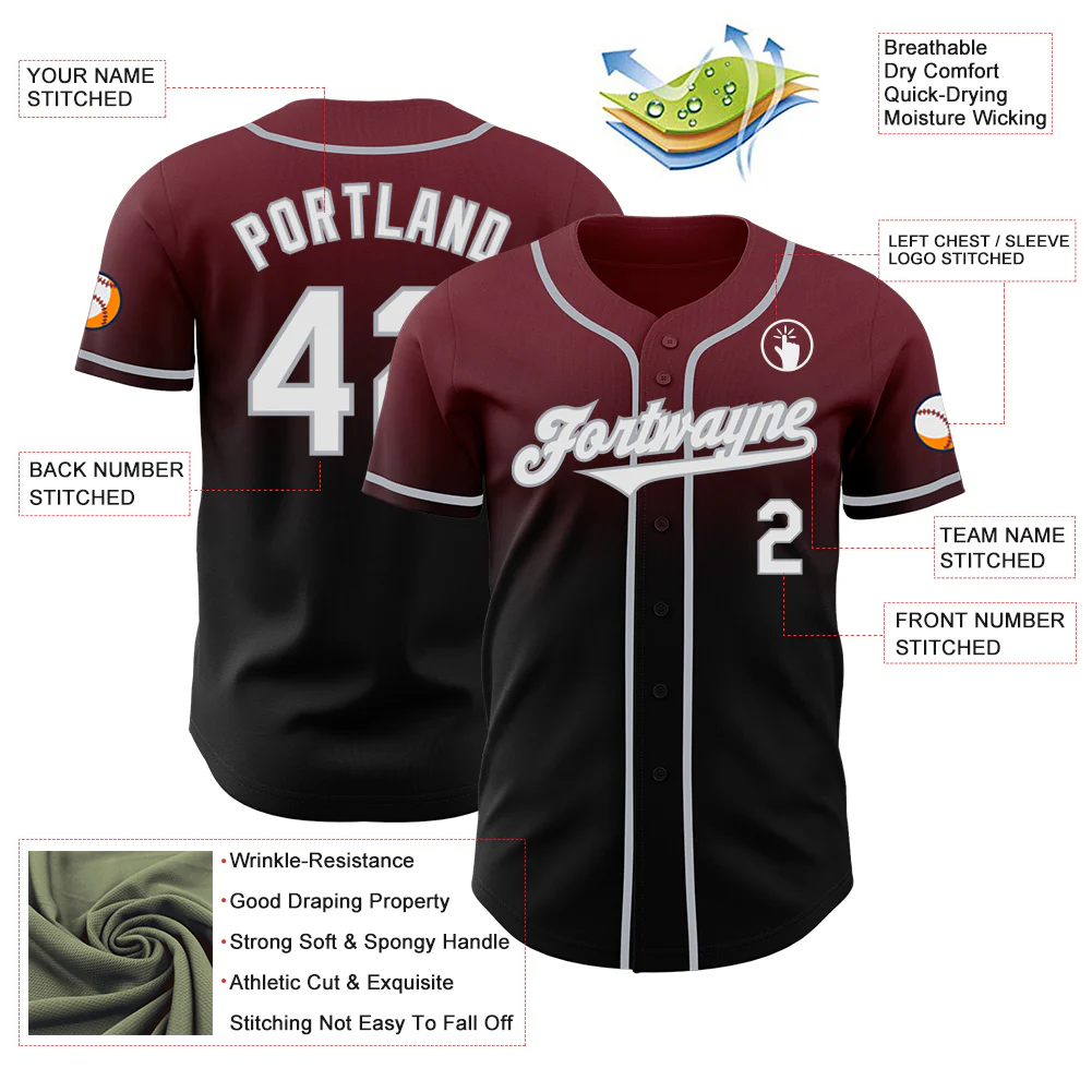 Custom Burgundy Black-Gray Authentic Fade Fashion Baseball Jersey - Image 3