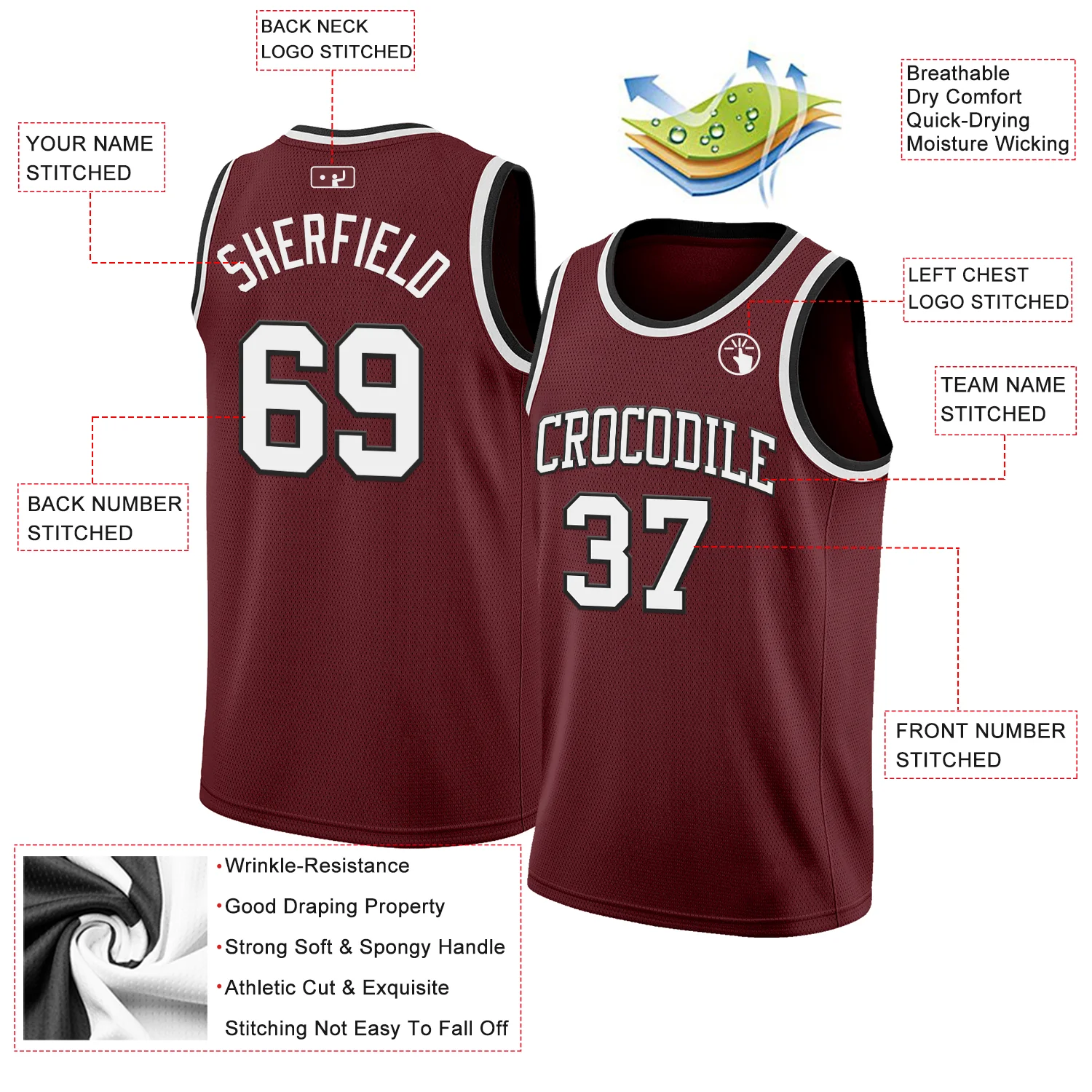 Custom Burgundy White-Black Authentic Basketball Jersey - Image 2