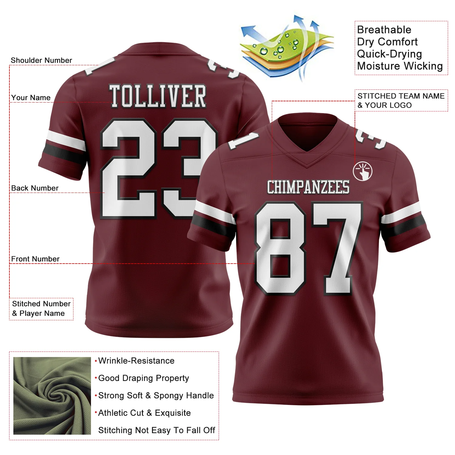 Custom Burgundy White-Black Authentic Football Jersey - Image 3