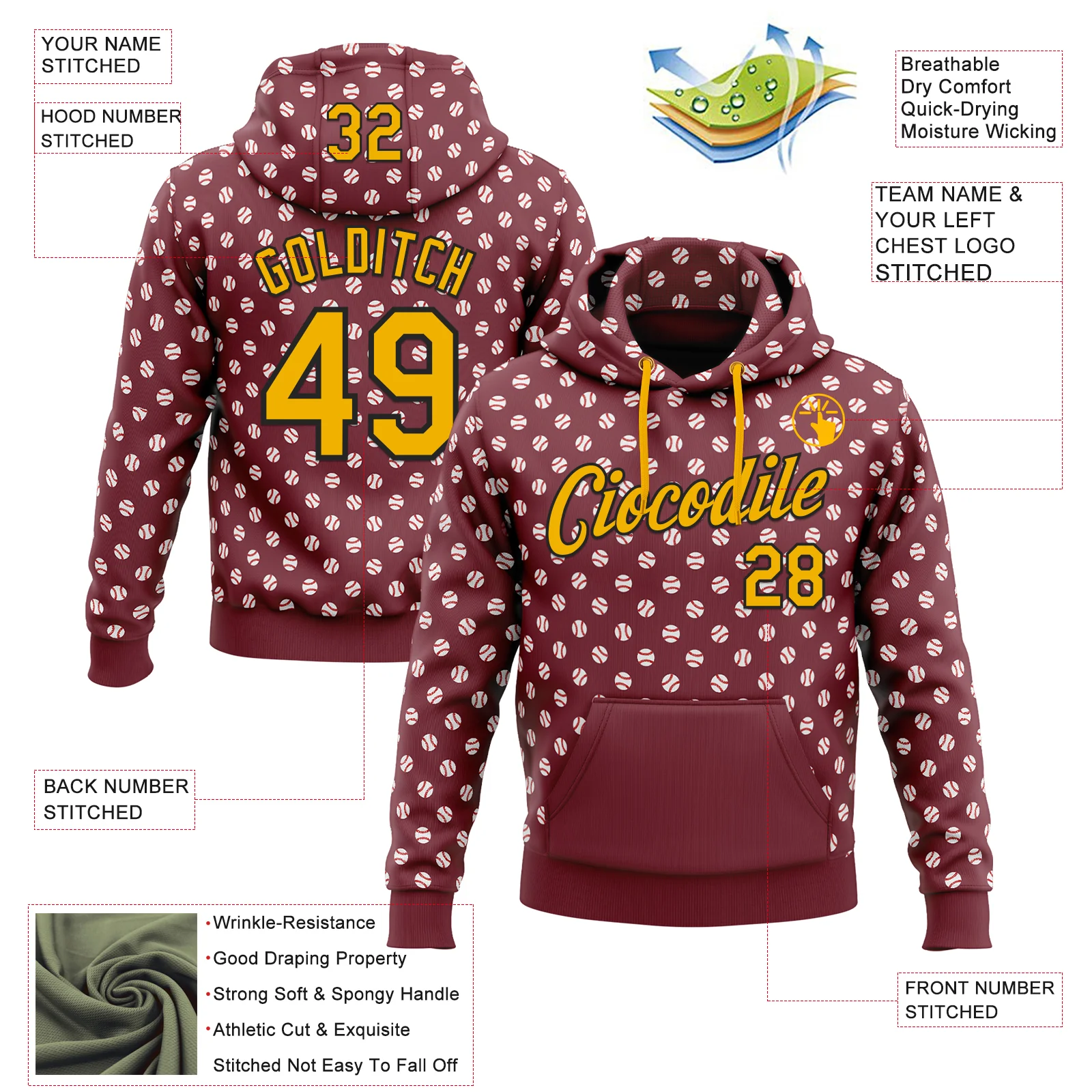 Custom Stitched Burgundy Gold-Black Baseball Game Day Washington Inspired Sports Pullover Sweatshirt Hoodie - Image 4